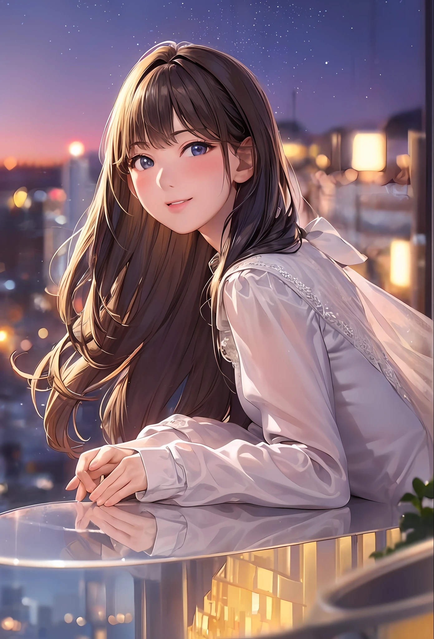 (8k, top quality, masterpiece: 1.2), (realistic, photorealistic: 1.37), super detailed, girl single, cute, solo, midnight, beautiful detailed sky, detailed café, sitting, date, (blush), (smile: 1.15), small breasts (mouth closed), beautiful fine eyes, floating hair NovaFrogStyle, back open dress