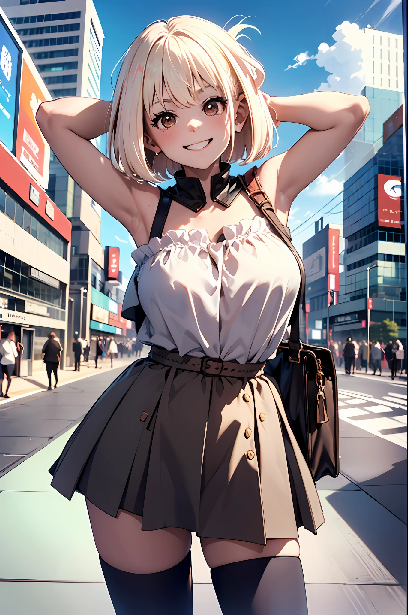(top-quality、in 8K、32K、masterpiece、nffsw、ighly detailed:1.2)、cowboy shot, (blue open sky、Shinjuku、In front of the station:1.4)、beautiful shadow、beauitful face、blurry backround、16-year-old beautiful girl、shinny skin, Beautiful black hair、Blunt bangs、 Katyusha、side poneyTail、Brown eyes、off shoulder blouse、pleatedskirt、long boots、miscievous smile、Raising arms、jamping、Hip Hop Cable、