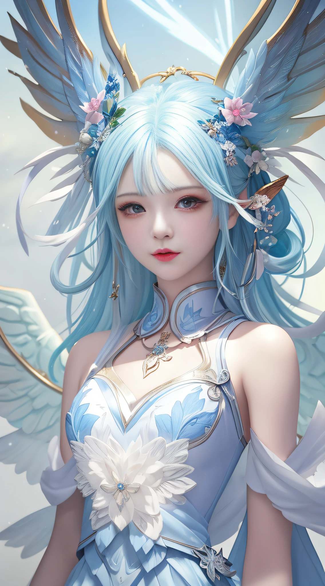 Anime girl with blue hair and wings in a white dress, Guviz-style artwork, Fantasy art style, Fanart Meilleure ArtStation, 8K high quality detailed art, Guviz, Guweiz on ArtStation Pixiv, Guweiz in Pixiv ArtStation, digital fantasy art ), trending on cgstation, Inspired by WLOP
