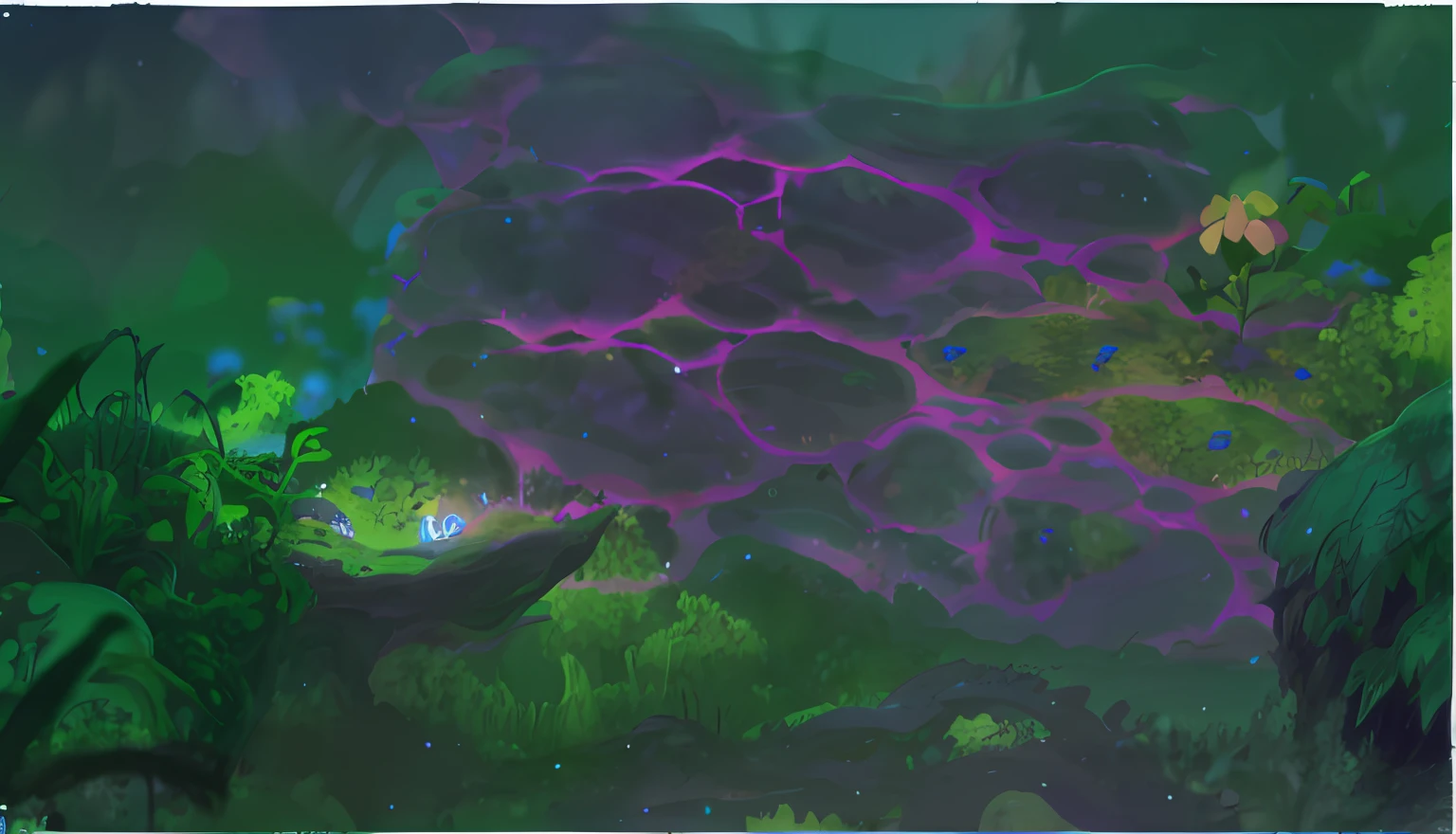 There is a picture with a purple and green background(Fantasy fruit，Fantasy vegetation)，Moonlight at night，There is a flower on it, painted in high resolution, radiant slime trail, jelly - like texture, painted texture, Neon radioactive swamp, hand painted textures, bioluminescent skin,  intricate oil sweeps, Glowing cracks, hand painted textures, smooth bioluminescent skin, swampy atmosphere，Pixar animation style，Pixar cartoon art，best qualityer，Best results，Optimal material feel