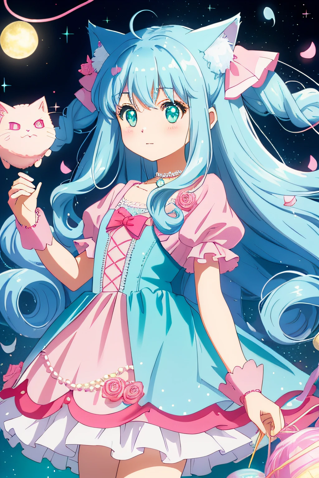 8K,best qualtiy,tmasterpiece,anime big breast,1girll,lightblue hair,Side curls,Fluffy curls,Pink cat ears,Floating yarn,light yarn,a beauty girl,Slender figure,flatchest,耳Nipple Ring,pearls necklace,Stand up,Princess dress,Lace princess dress,Normal attire,Not exposed,Normal hands,Fantastic colorful background,Sparkling,Dotted with dreamy little droplets,Small blisters,small moon,petals,Pink pearls,White pearls,Dreamy atmosphere,Look at the camera head-on