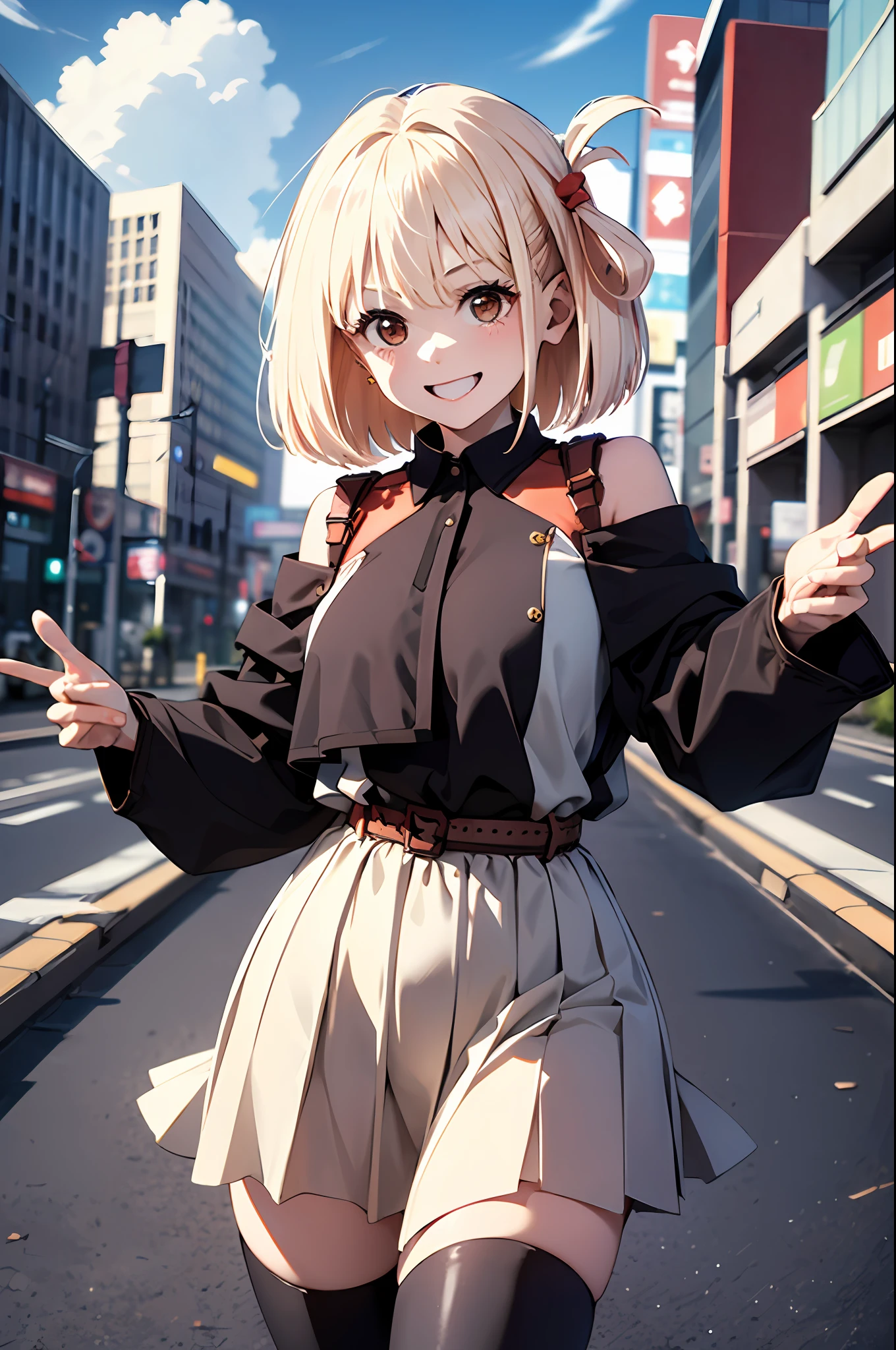 (top-quality、in 8K、32K、​masterpiece、nffsw、ighly detailed:1.2)、cowboy  shot, (blue open sky、Shinjuku、In front of the station:1.4)、beautiful shadow、beauitful face、blurry backround、16-year-old beautiful girl、shinny skin, Beautiful black hair、Blunt bangs、 Katyusha、side poneyTail、Brown eyes、off shoulder blouse、pleatedskirt、long boots、miscievous smile、Raising arms、jamping、Hip Hop Cable、