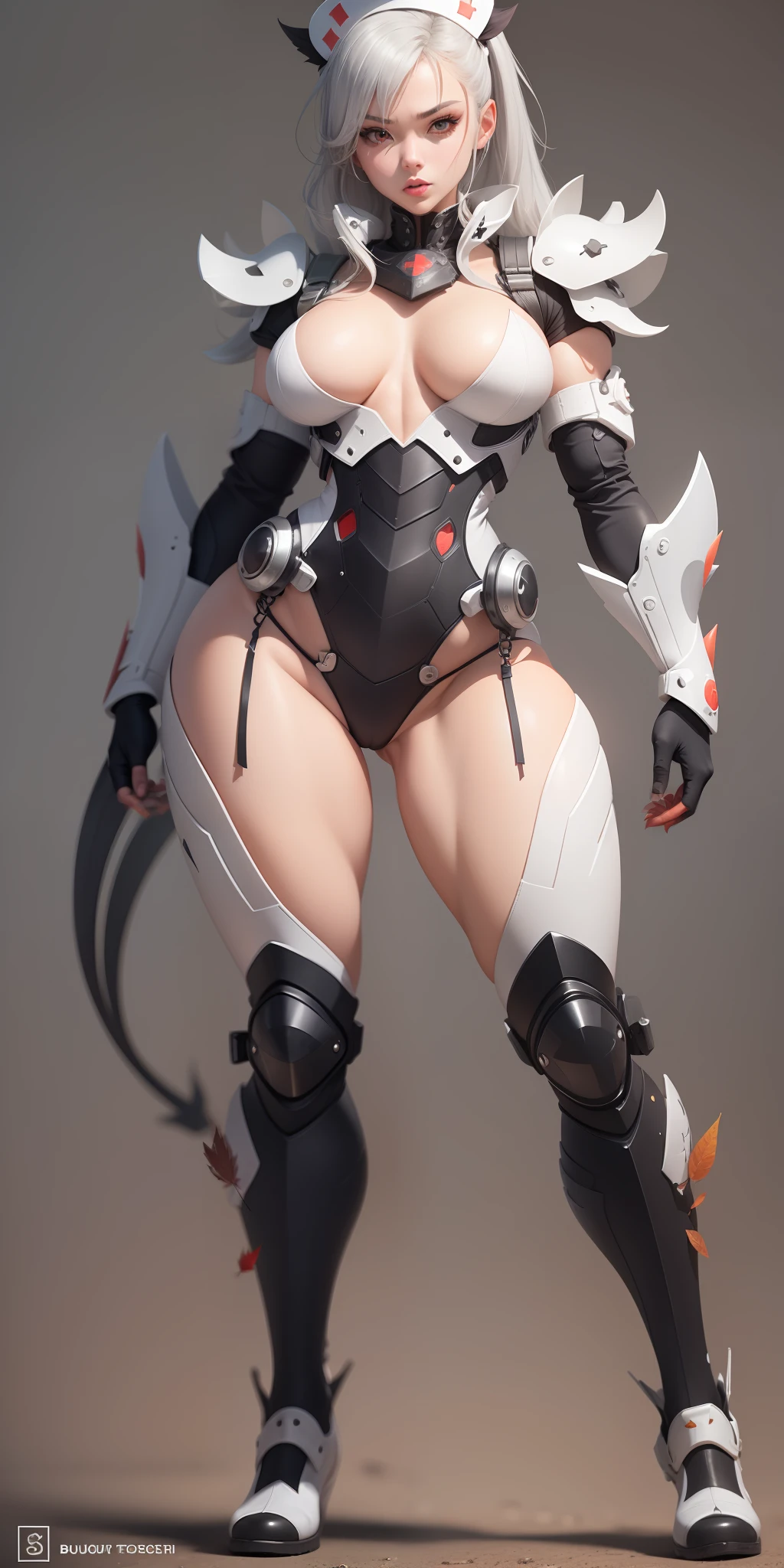 ((Masterpiece Quality)), (Beautiful Animation Graphic ), HQ highres, studio shot, extremely detailed, in anime ultra cute kawaii moe, ((a girl)), ((upper_body)), ((Dynamic angles)), Please generate a high-quality full-body image of Nurse Warrior Akira based on the following visual characteristics. The background should be white. Wearing a white nurse uniform. Possessed by an alien life form that forms a powerful exoskeleton. The upper body is greatly elevated like a football shoulder pad, with large red spines growing out of it. The exoskeleton is a rounded milky white color, with crustacean-like spines growing on the shoulders, chest, and waist, covering Akira's entire body. Muscles are enhanced and bulging veins are visible, with red leaf vein-like patterns covering the entire body. The exoskeleton is exposed in certain areas, giving off a fierce impression. Despite being a woman, her appearance has become muscular, and her skin is silver. Female feat, (character design), (character design)