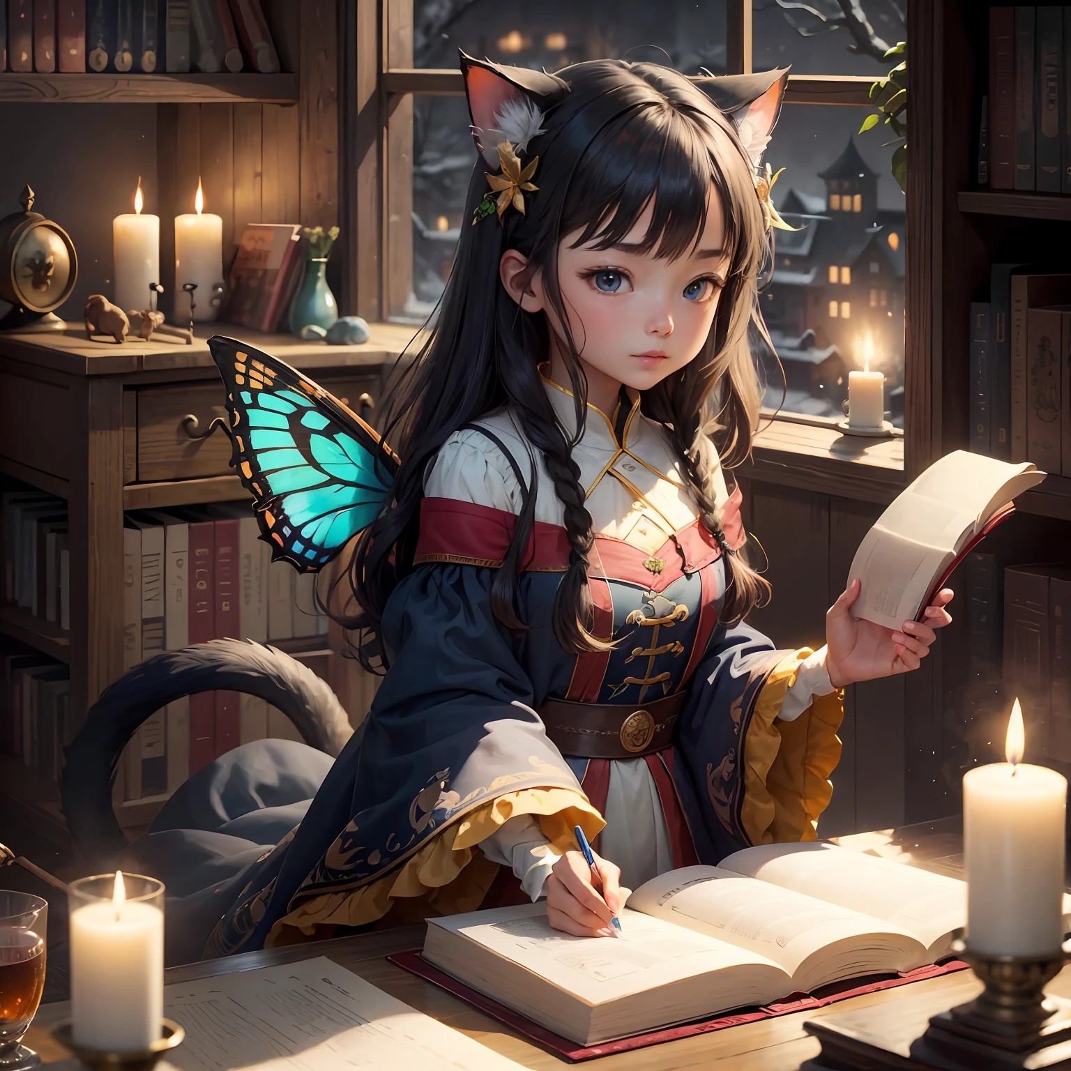 best qualtiy，hyper HD，最好质量，high detal，tmasterpiece，Authentic texture，warmly lit，Complicated details，rich details​，Colorful colors，Fairy tale books，Picture books，The children，Critters，hyper realisitc，fairytale-like，nerds，Teachers，cat ear，butterflys，nighttime scene，Candle， --auto