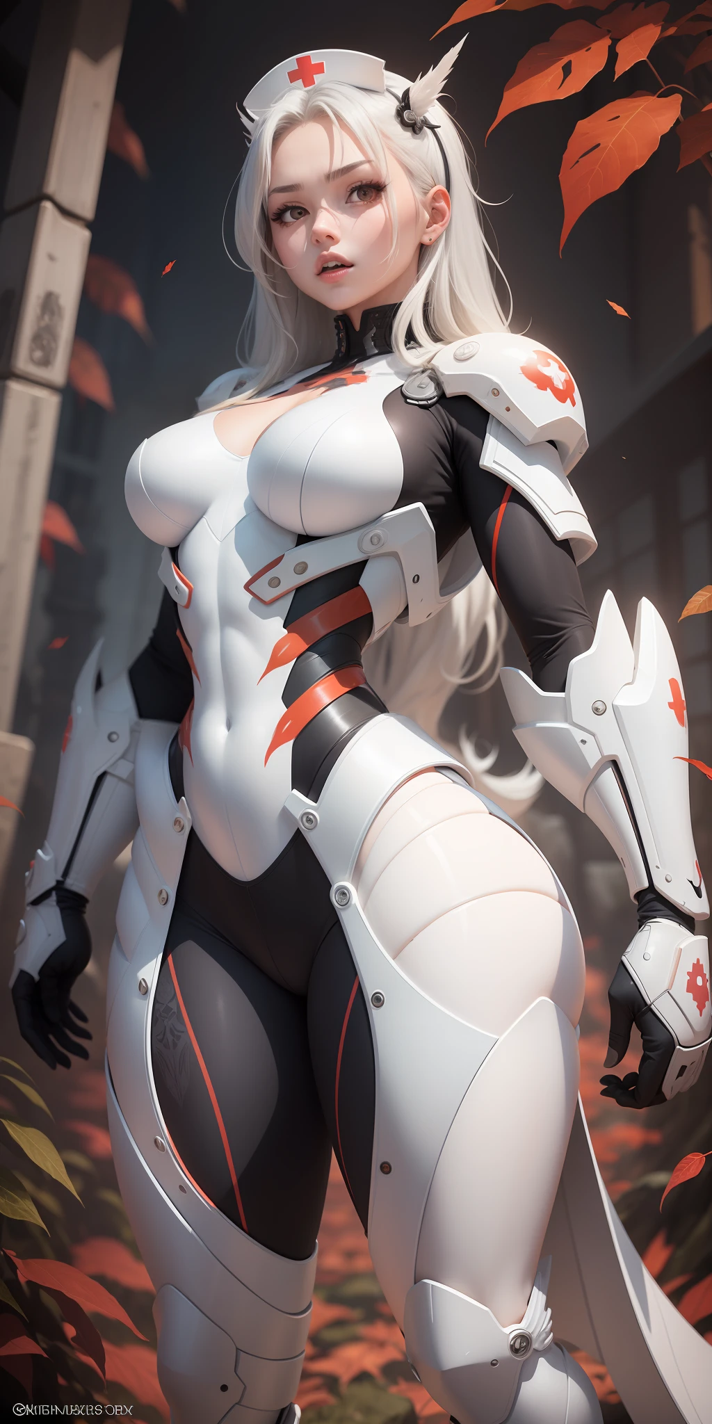 ((Masterpiece Quality)), (Beautiful Animation Graphic ), HQ highres, studio shot, extremely detailed, in anime ultra cute kawaii moe, ((a girl)), ((upper_body)), ((Dynamic angles)), Please generate a high-quality full-body image of Nurse Warrior Akira based on the following visual characteristics. The background should be white. Wearing a white nurse uniform. Possessed by an alien life form that forms a powerful exoskeleton. The upper body is greatly elevated like a football shoulder pad, with large red spines growing out of it. The exoskeleton is a rounded milky white color, with crustacean-like spines growing on the shoulders, chest, and waist, covering Akira's entire body. Muscles are enhanced and bulging veins are visible, with red leaf vein-like patterns covering the entire body. The exoskeleton is exposed in certain areas, giving off a fierce impression. Despite being a woman, her appearance has become muscular, and her skin is silver. Female feat, (character design), (character design)
