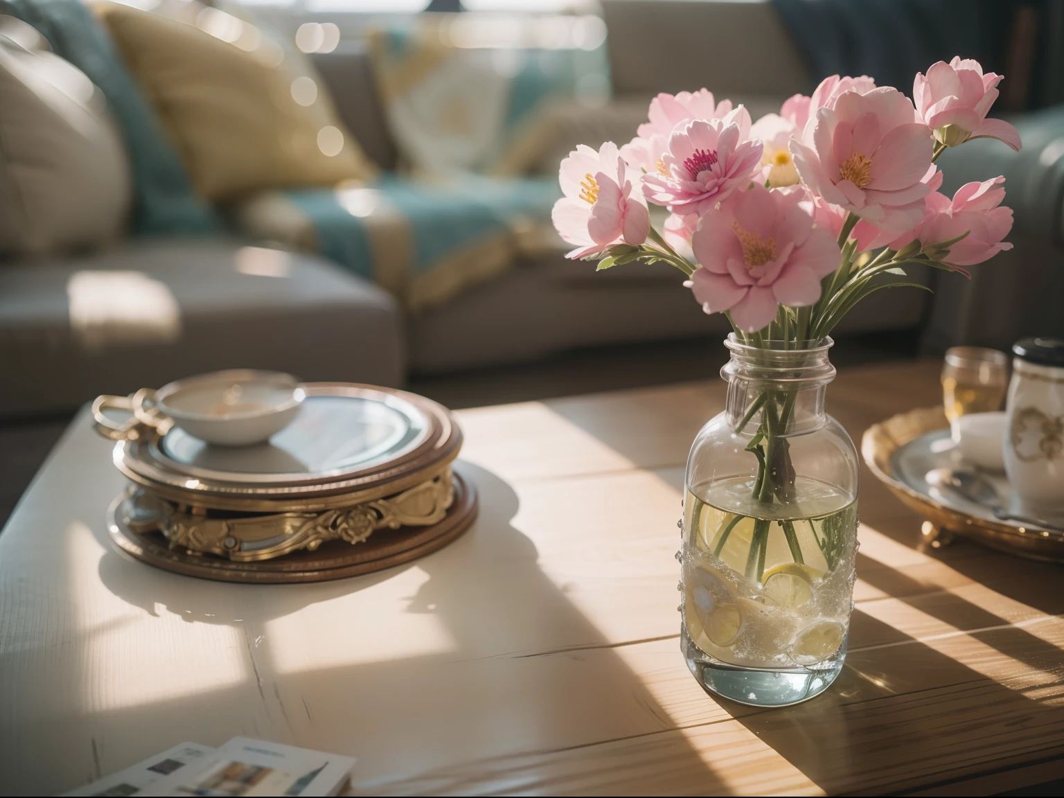 High-detail RAW color photography, Modern living room in the style of Provence, (higly detailed, hyper-detailing, Entanglement), (lens glare: 0,7), (bloom: 0,7), particle fx, ray traced, 电影灯光, Shallow depth of field, photographed with Sony a9 II, 50mm wide angle lens, sharp-focus