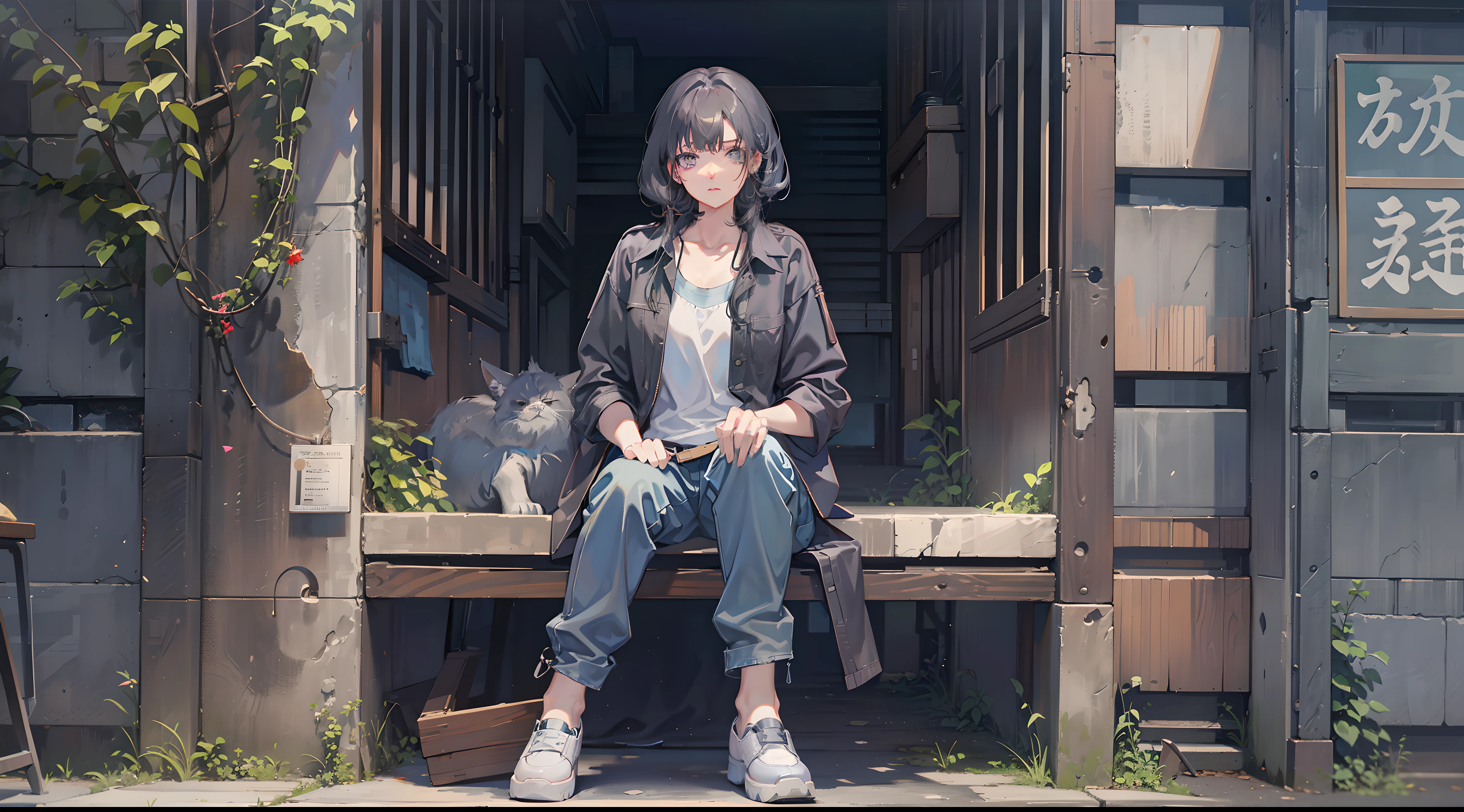 Woman sitting on chair in black top and jeans, Baggy pants, dressed with long fluent clothes, wearing a long flowy fabric, casual clothing style、 wearing a baggy, multilayered outfit, Silver and muted colors, Relaxed style, grey Clothes, Pants, baggy, Gray skin. grunge, Styling、Ruins、Buildings eroded by vegetation,hi-school girl、military outfits, guweiz and makoto shinkai, realistic anime 3 d style, Kyoto Animation Style
