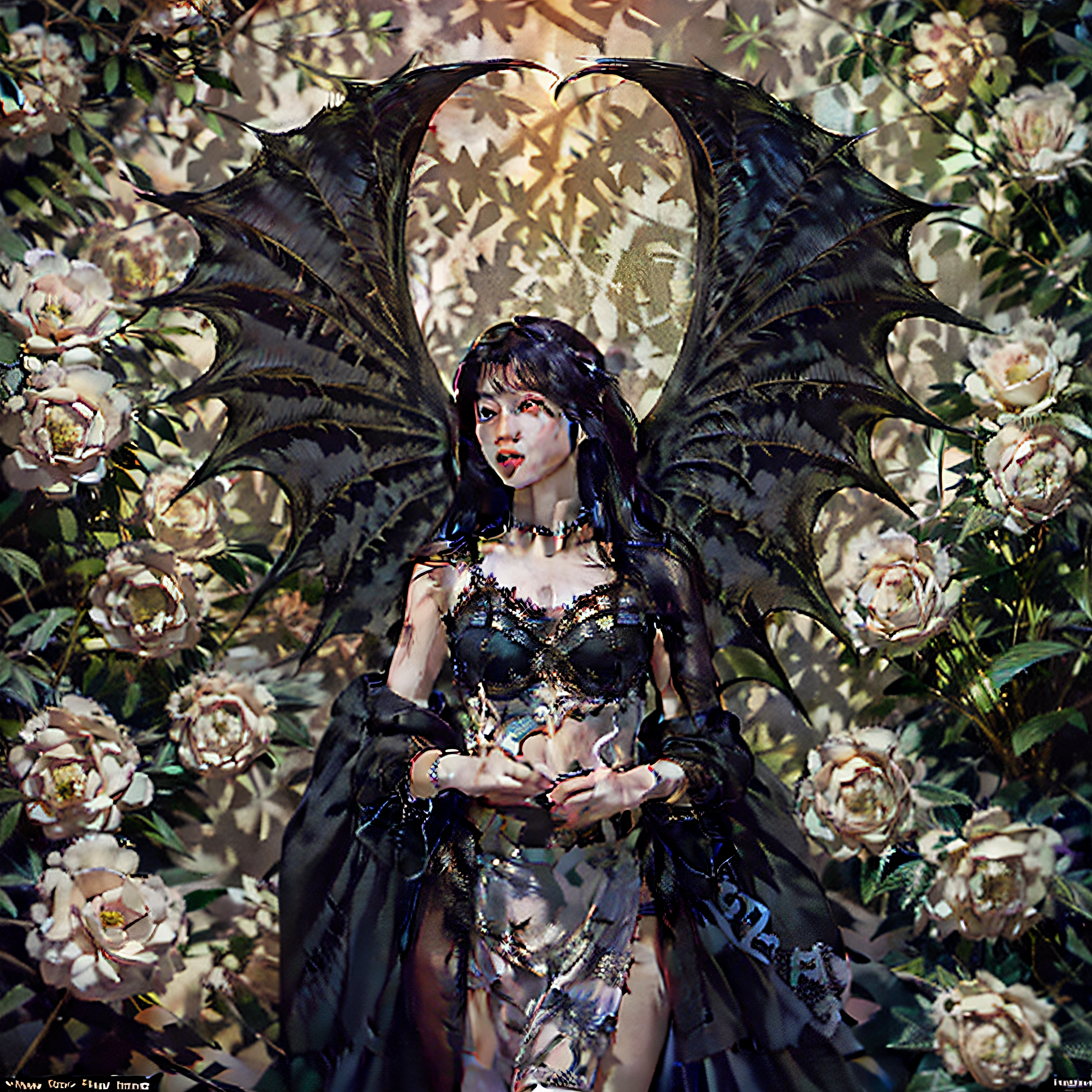 "((obra maestra))(The best lighting, alto contraste, oscuro, dramatic, Acabado fotorrealista),(manchas y desperfectos como de daguerrotipo).(Woman with Bat Wings, fondo lleno de flores),(Baphometh saca la lengua), viejos, Serpientes. Luz Caravaggio"