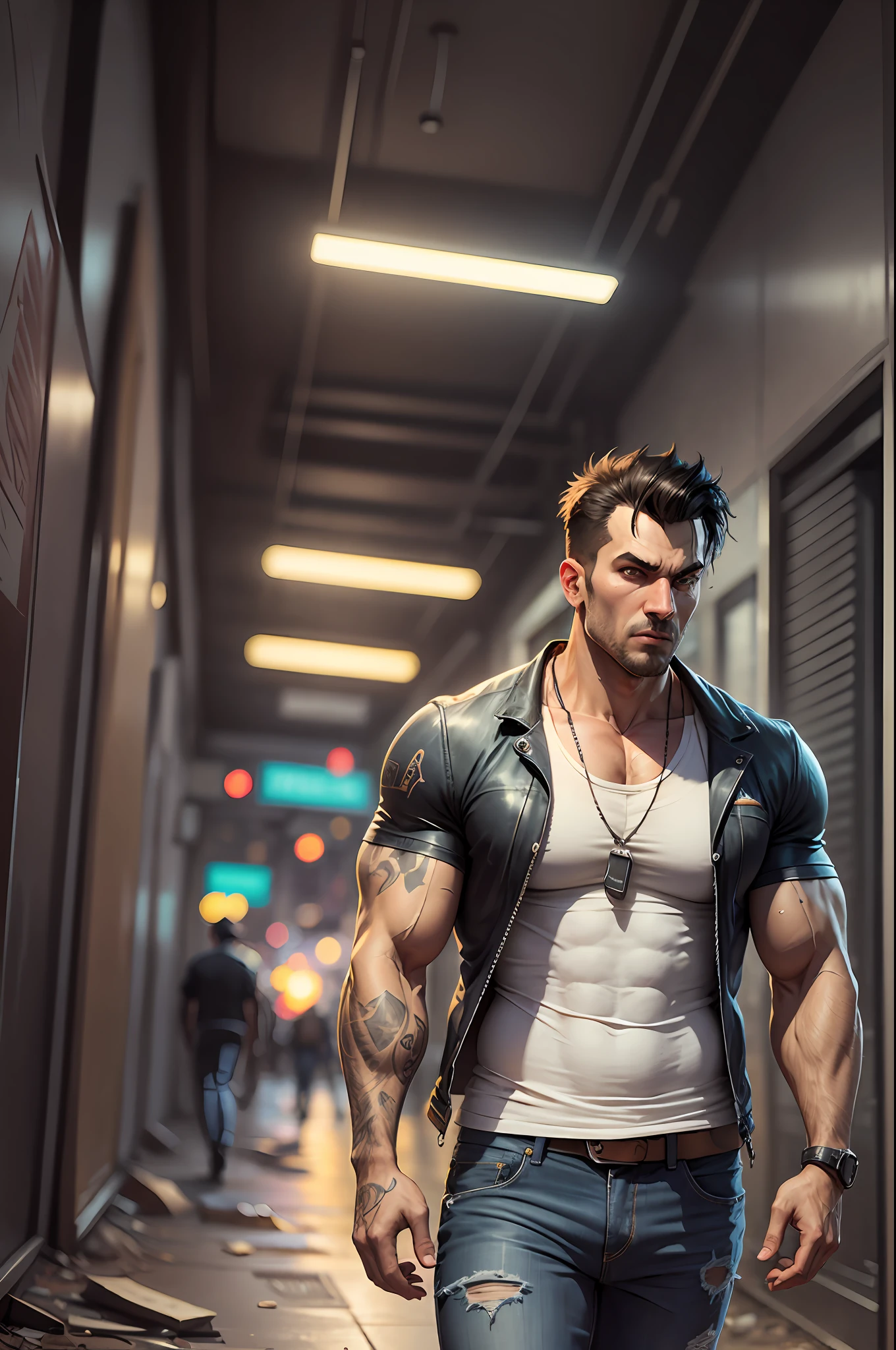 a muscular man wearing with tanktop and black riped jeans, walking in front of abandoned building, neon style, cartoon style,gta 5 style --auto --s2
