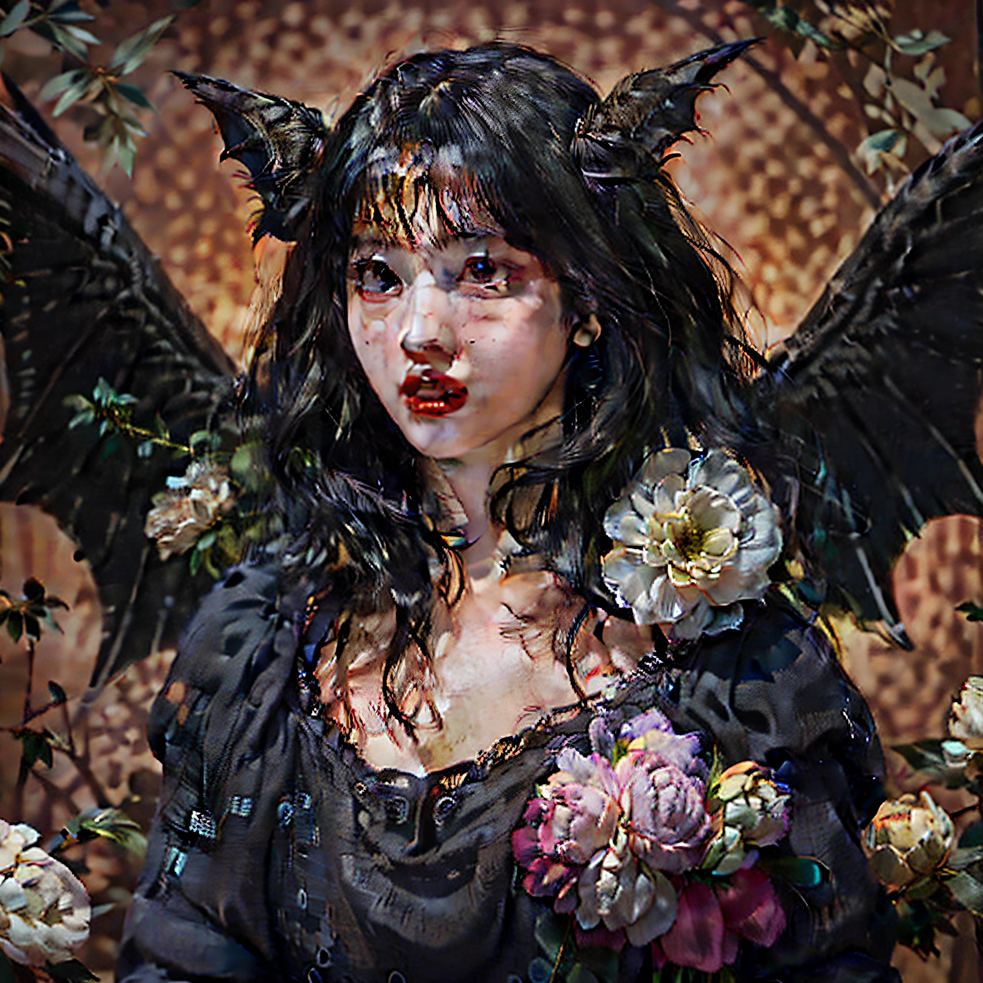 "((obra maestra))(The best lighting, alto contraste, oscuro, dramatic, Acabado fotorrealista),(manchas y desperfectos como de daguerrotipo).(Woman with Bat Wings, fondo lleno de flores),(Baphometh saca la lengua), viejos, Serpientes. Luz Caravaggio"