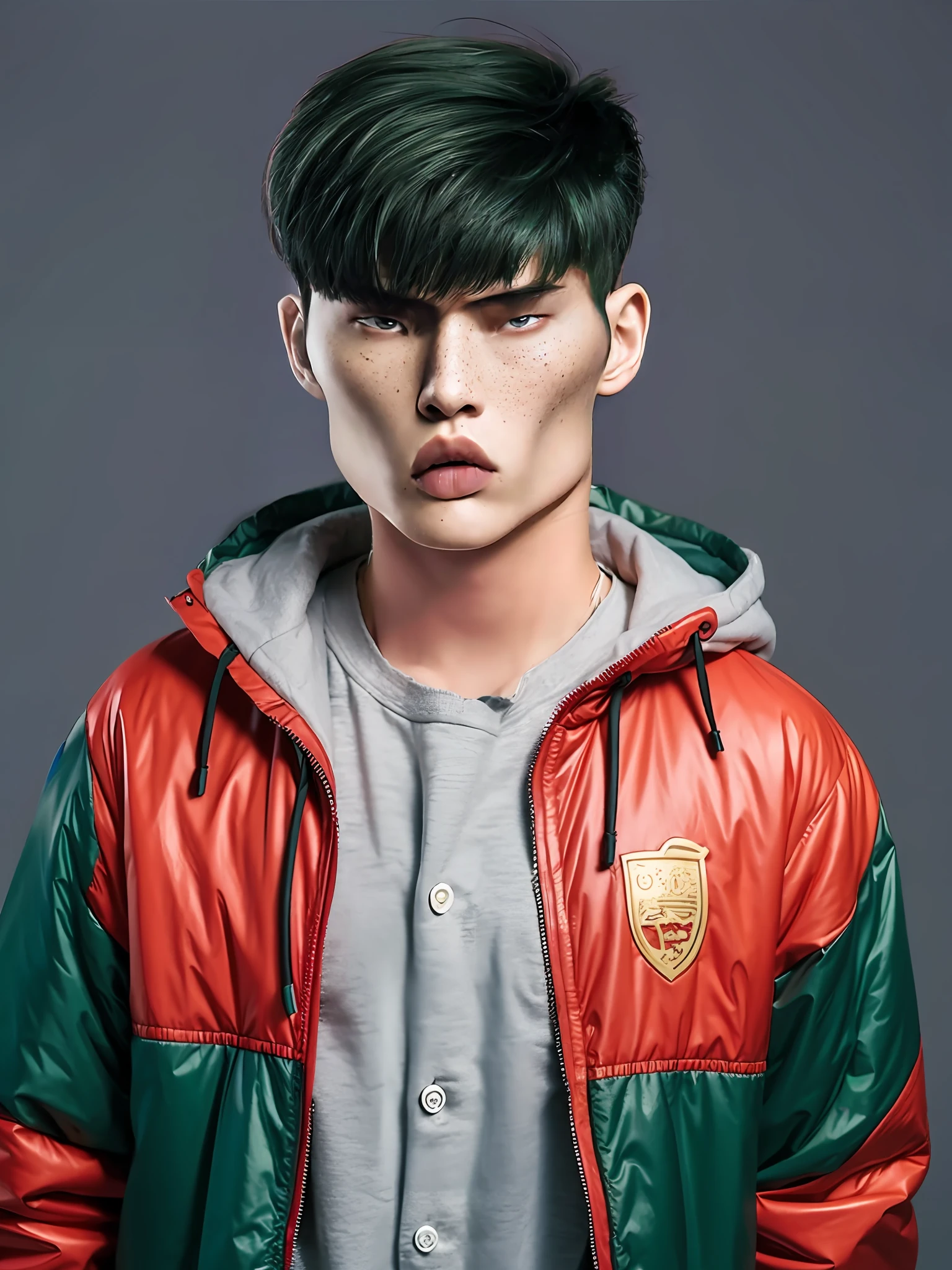 Chinese male high school student，Wearing a pu-green coat