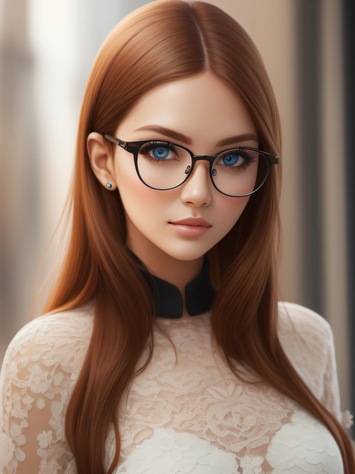Super model in her 20's with full eyes with long dark ginger detailed hair with detailed face and detailed body with glasses, detailed skin, pores.