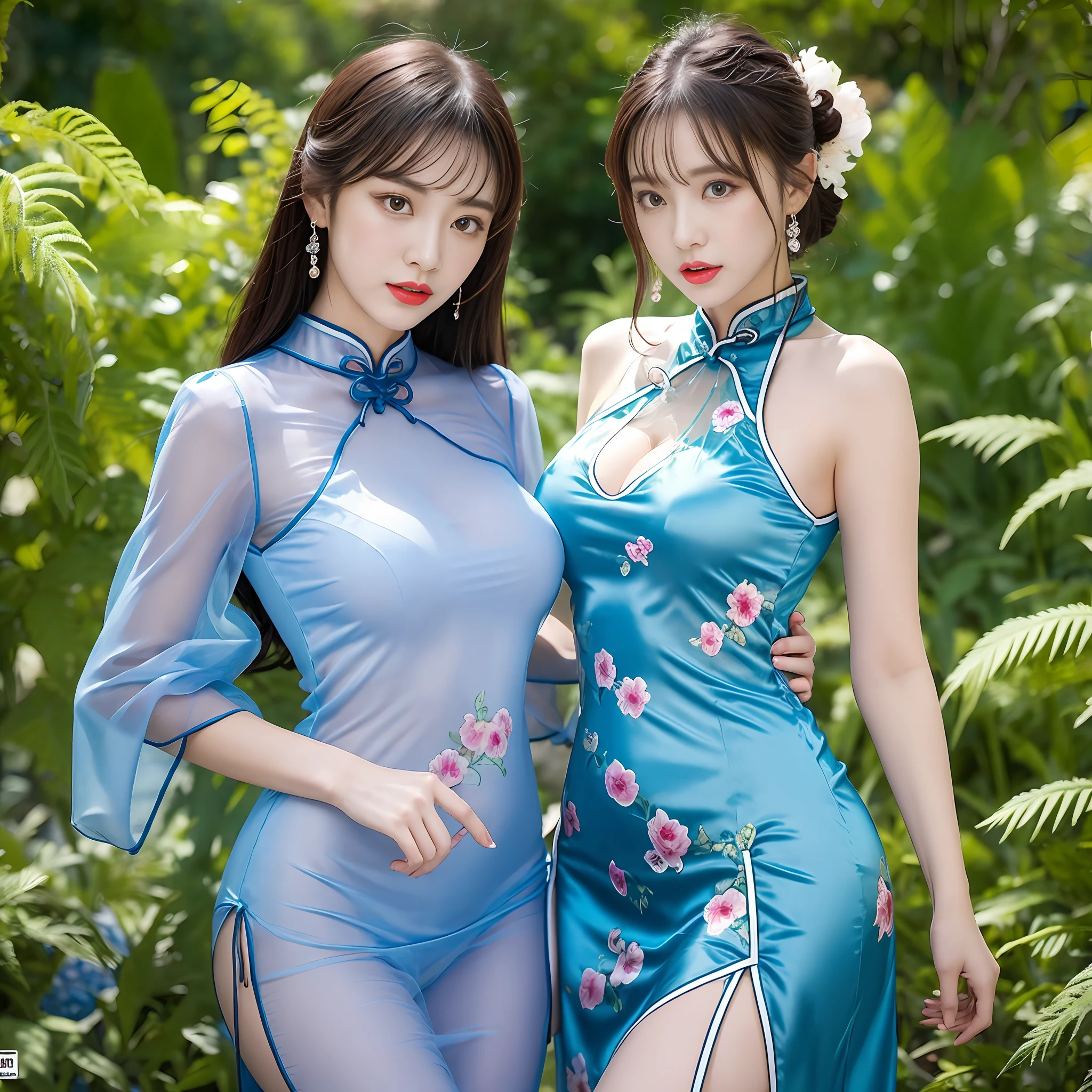 Two women in blue see-through dresses take photos in the garden, beautiful gemini twins portrait,Colossal tits,爆乳,sakimichan hdri, beautiful gemini twins, ,Blue see-through silk dress, Cute elegant pose,Wearing blue see-through cheongsam,Cheongsam with slit,Silk cheongsam,In blue see-through cheongsam