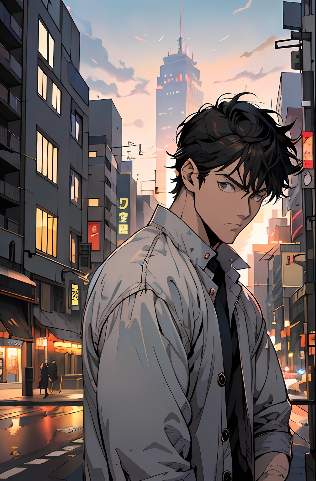 Anime man on the street of the city with the cityscape in the background, Anime portrait of a handsome man, handsome guy in demon slayer art, anime handsome guy, digital anime illustration, Handsome Anime Pose, Kentaro Miura Manga Art Style, artwork in the style of guweiz, young anime man, Male anime style, realistic anime art style, Detailed Digital Anime Art