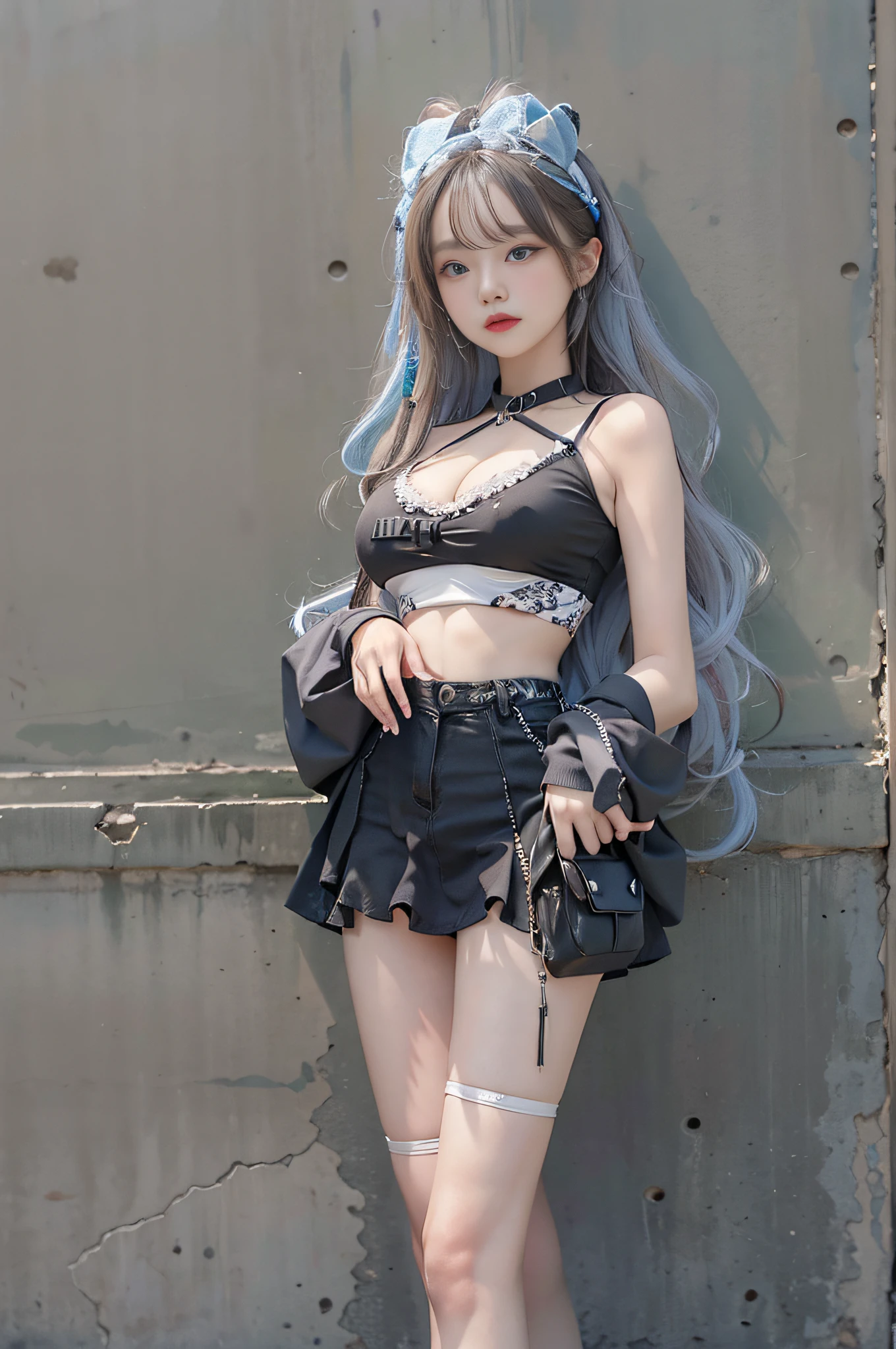 Top image quality、Raw photography、超A high resolution、Cute girl at 18 years old、Shooting for one person only、very large round breasts、cleavage of the breast、Camisole、skirt by the、Shiny hair、Beautiful Eyes of Details、very elongated eyes、Beautiful eyelashes、Beautiful double eyelids、eyeshadows、耳Nipple Ring、Wall on grey background