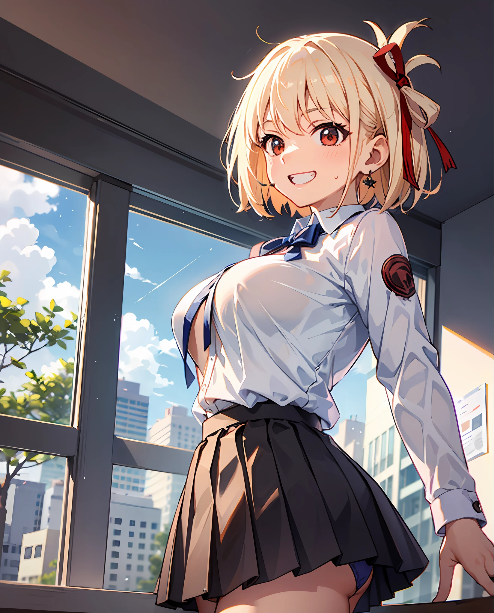 absurdres, highres,
BREAK
looking at viewer, upper body, (from below:1.5)
BREAK
(vivid-color:1.3)
BREAK
(one girl:1.3), (:1.2), blond hair, red eyes, hairclip, earrings, jewelry, nm1,  hair ribbon, short hair, school uniform, (pleated super short skirt:1.4), (Very pretty pant), (thighs:1.3), (large ass:1.3), (ge breasts, cleav), (grin ), (skirt lift:1.2), open mouth, (breast:1.3), ass, round eyes,ing in the wi0.5), sweat around girl, dripping sweat, squall (wind:1.2), sense of speed, refreshing breeze, motion blur effect, wind
BREAK
background is (classroom:1.3), (Stand in the center of the screen:1.3), indoors, wind
BREAK
sunlight, magnificent view, light particles, dynamic angle, dutch angle, perspective
BREAK
(daytime, sunbeam:1.2), depth of field, bokeh, light leaks, (chromatic aberration:1.2), noon
BREAK