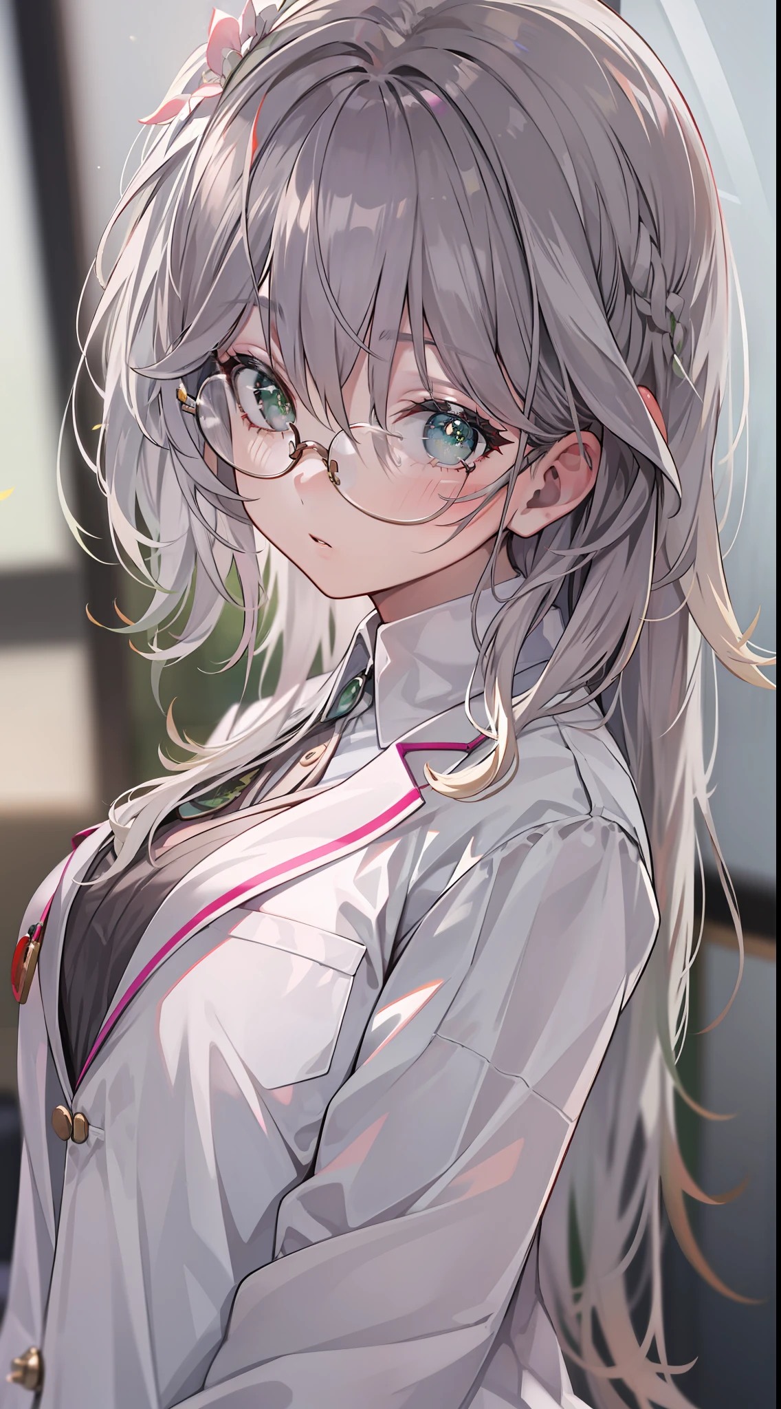 best qualitc，Masterpiece、，resoulution ultra-Highresolution，RAW photos，（lifelike：1.4），A woman with rimless glasses，Doctor white coat，（narrow waists：1.2），long long hair，in hospital，bokeh，beautiful lights