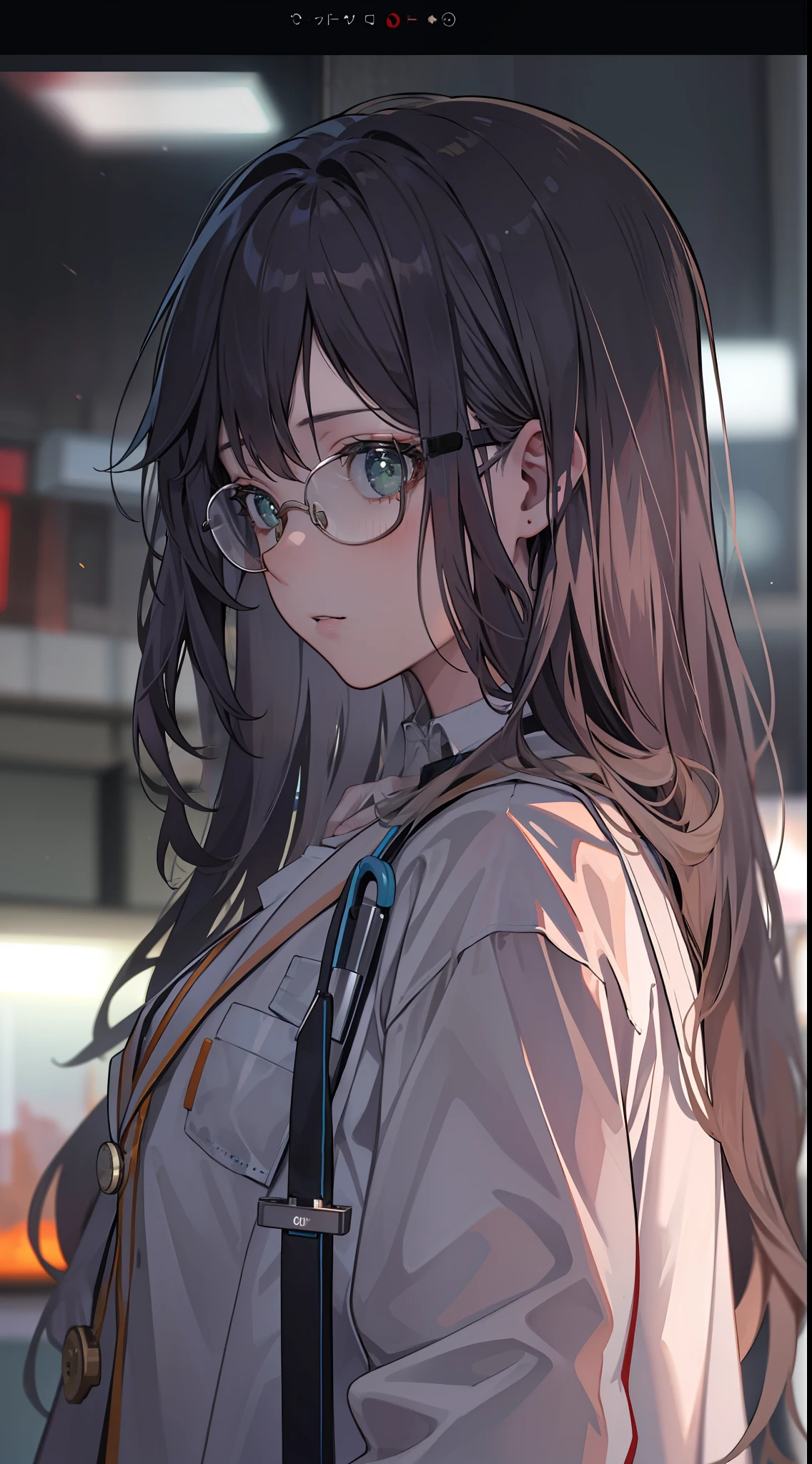 best qualitc，Masterpiece、，resoulution ultra-Highresolution，RAW photos，（lifelike：1.4），A woman with rimless glasses，Doctor white coat，（narrow waists：1.2），long long hair，in hospital，bokeh，beautiful lights