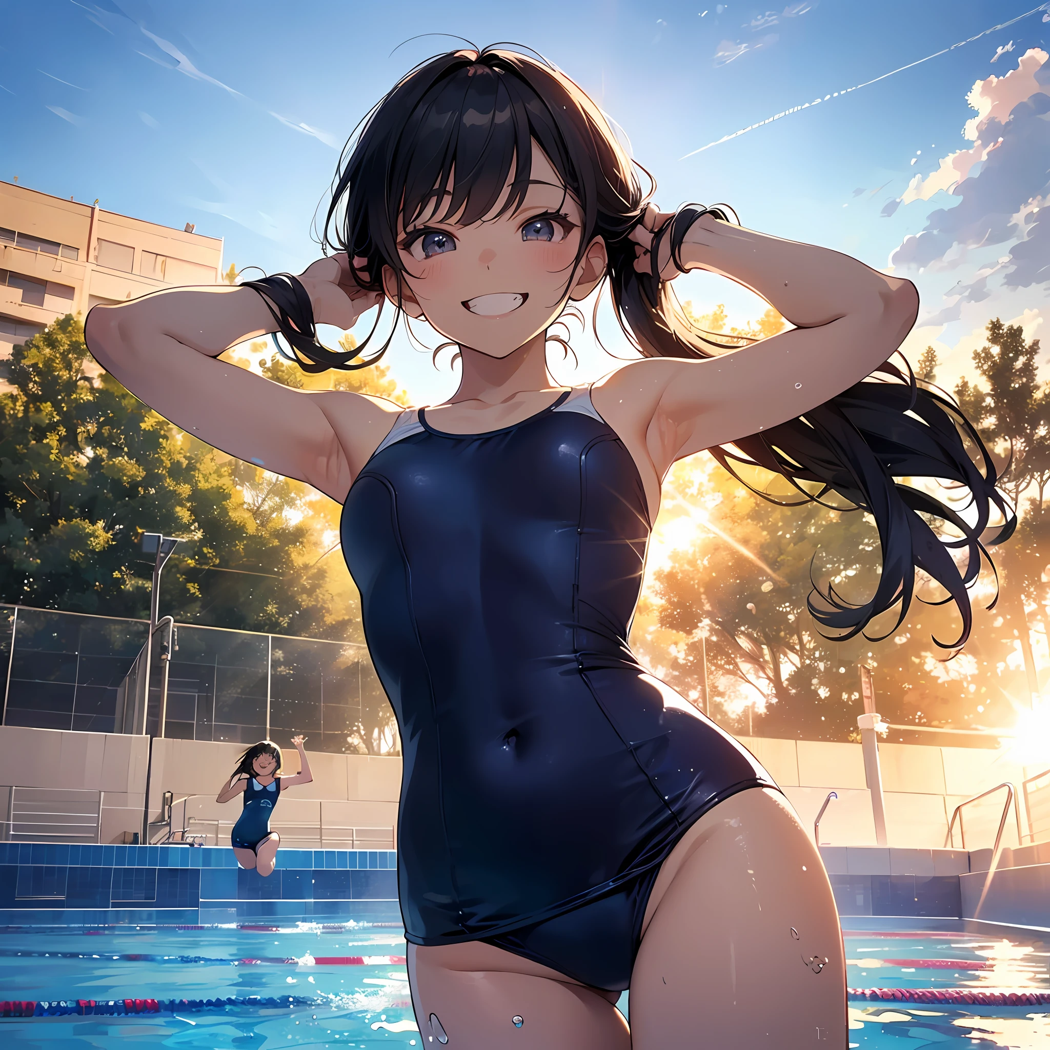 masutepiece, Best Quality, hyper detailed illustration，beautiful artwork，1girl in、Solo，(Navy blue school swimsuit:1.2)，(Black hair color)，(poneyTail)，(Big smile:1.5)，(Tsurime)，(Open your mouth wide)，(cowboyshot)，(luminous sky:1.3)，(Sheer sunlight:1.5)，(Jumping)，(Swimming pool:1.2)，(From below)，(Arms up)，(Armpit) ，Smaller chest，