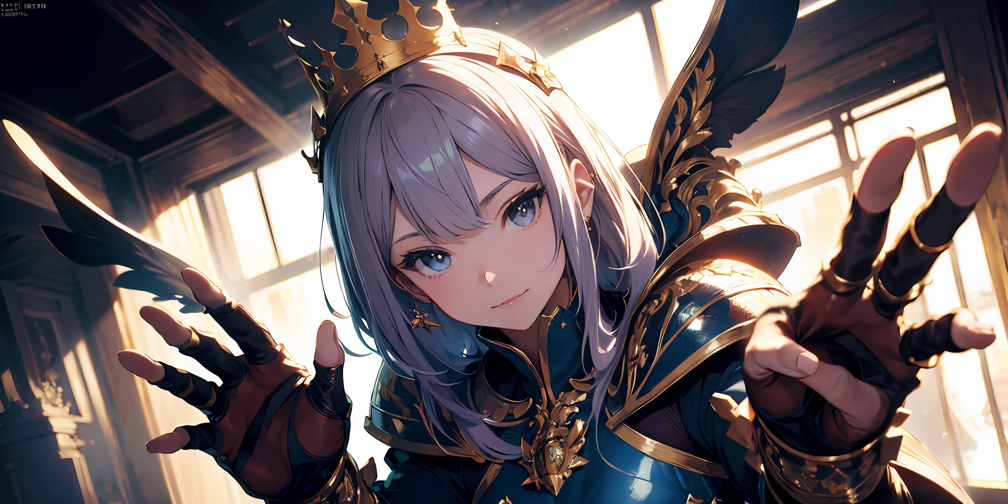 Palace, A high resolution, (巨作:1.4), A highly detailed, 1girll, From above, space, sitted, King Knight Armor, Sharp focus, (Cinematic lighting), (1girll), Slight smile，The 5 fingers of each hand are very detailed，