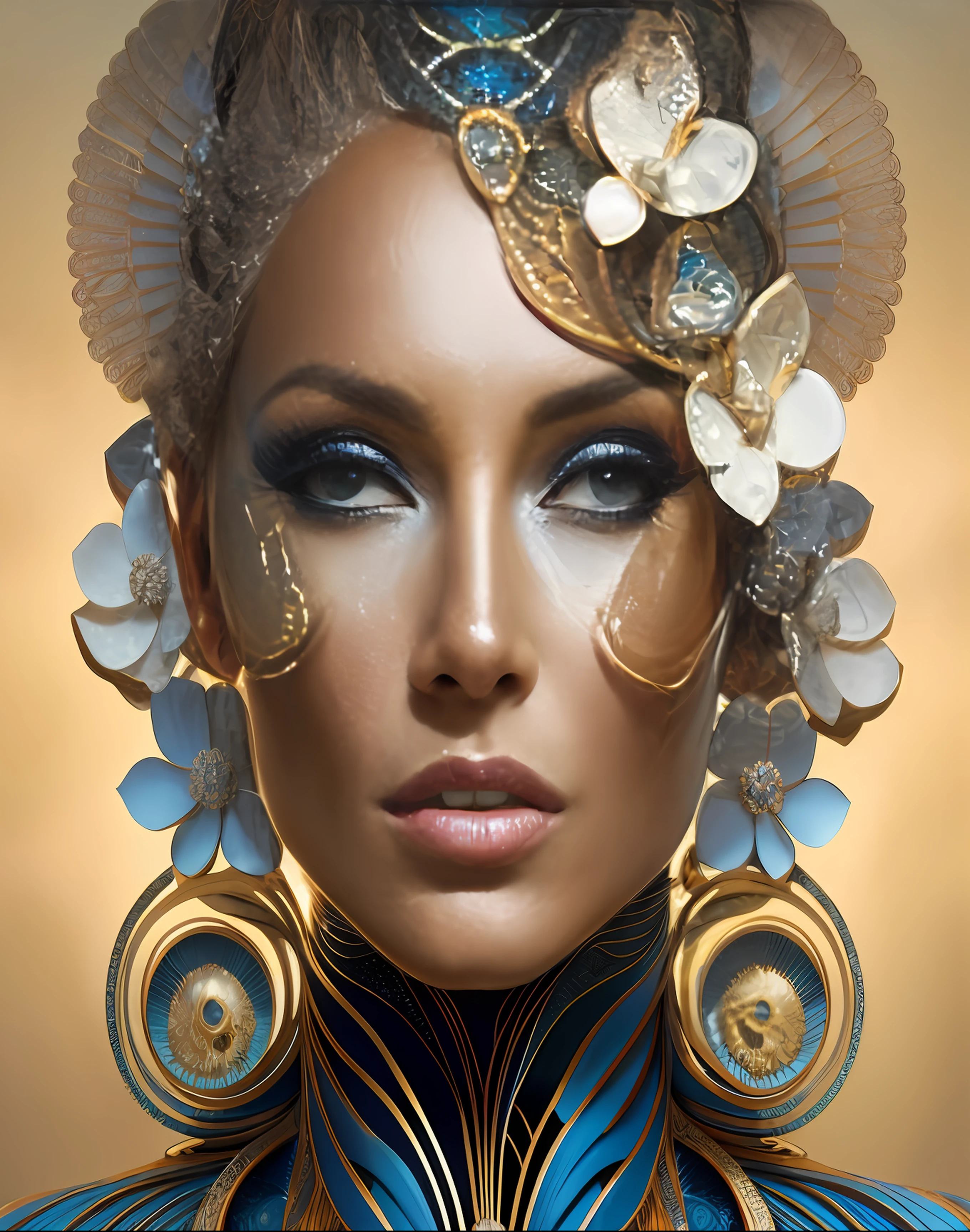 a close up of a woman with a blue and gold make up, karol bak uhd, gorgeous digital art, beautiful digital artwork, exquisite digital illustration, stunning digital illustration, 4k highly detailed digital art, stunning digital art, beautiful art uhd 4 k, great digital art with details, beautiful gorgeous digital art, futuristic woman portrait, digital fantasy portrait