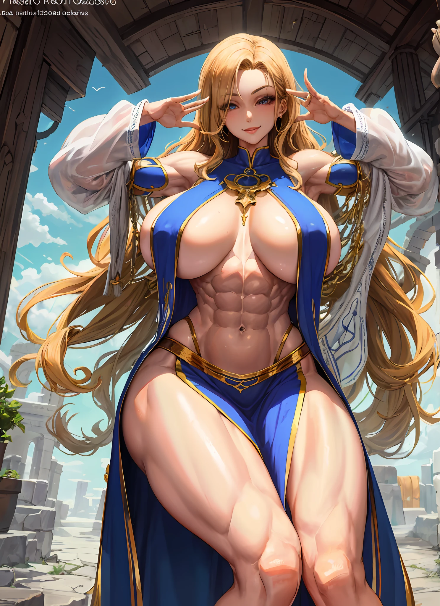 1girl, beautiful, perfect lighting, muscular, thighs, mature female, milf, navel, abs, looking at viewer  (masterpiece, high quality:1.1) priestess, goddess,smile, extremely huge breasts, motherly, porcelain skin, honey blonde hair, very long hair, wavy hair,shiny skin