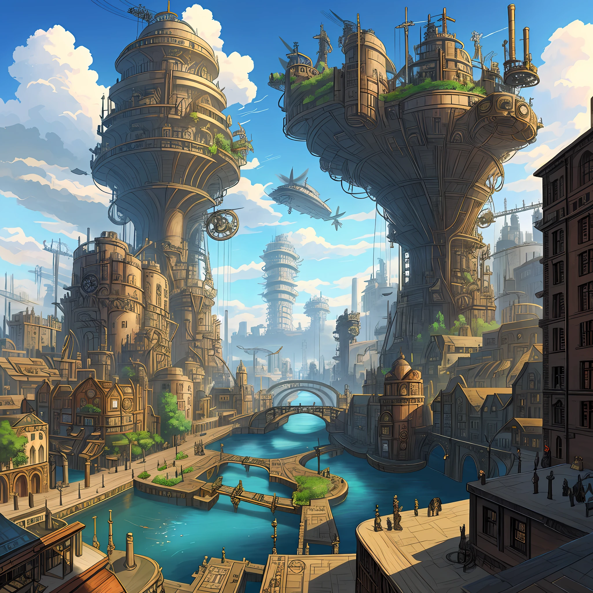 A steampunk city powered by gears and propellers, with airships crossing the skies, water channels cutting through the streets and a gigantic factory in the center.