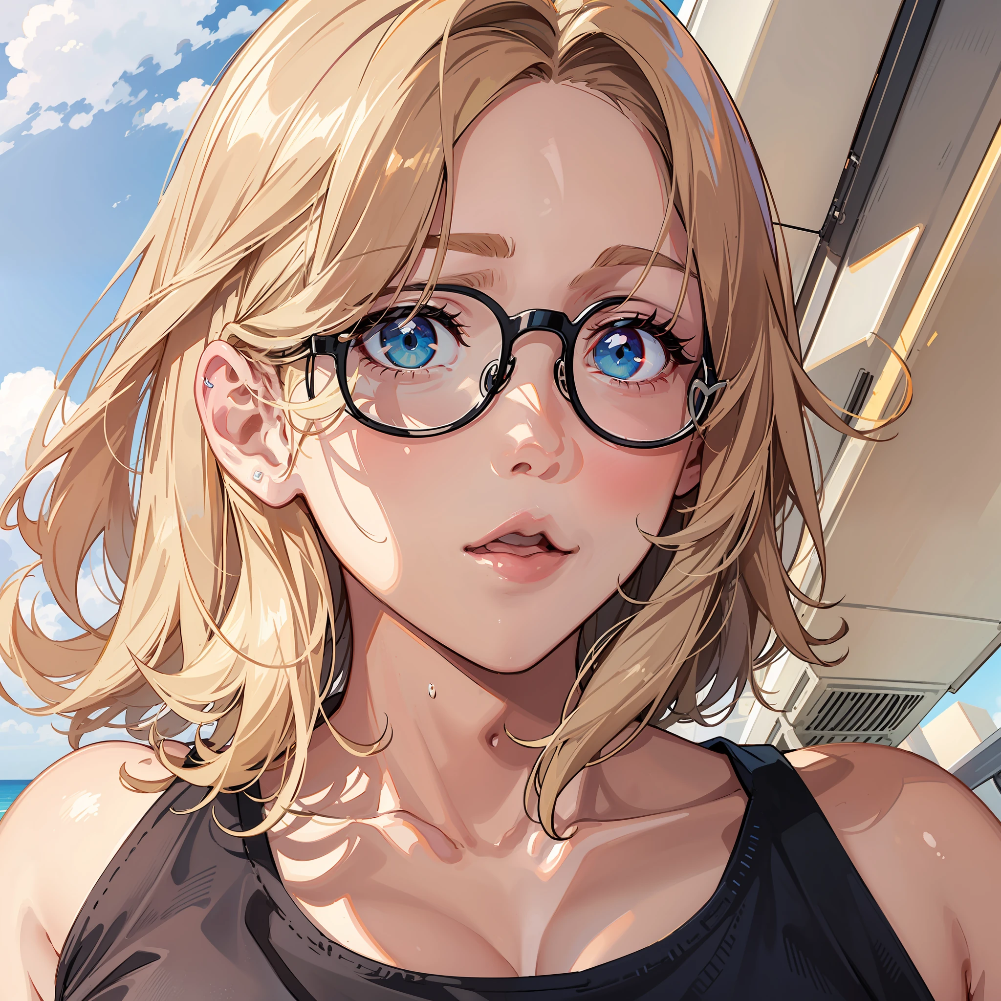 handsome girl, Light-brown hair, green-blue eyes, Black T-shirt, swollen lips, closed mouth, pink lips, eyeglasses, bright sunlight, Masterpiece