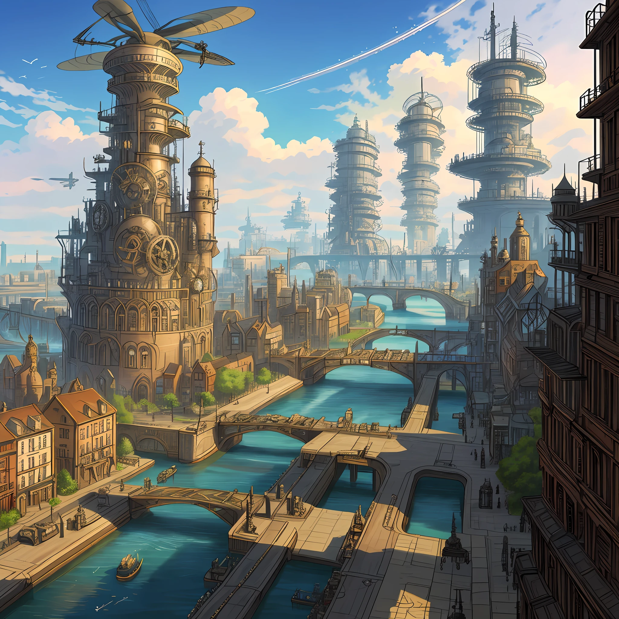 A steampunk city powered by gears and propellers, with airships crossing the skies, water channels cutting through the streets and a gigantic factory in the center.