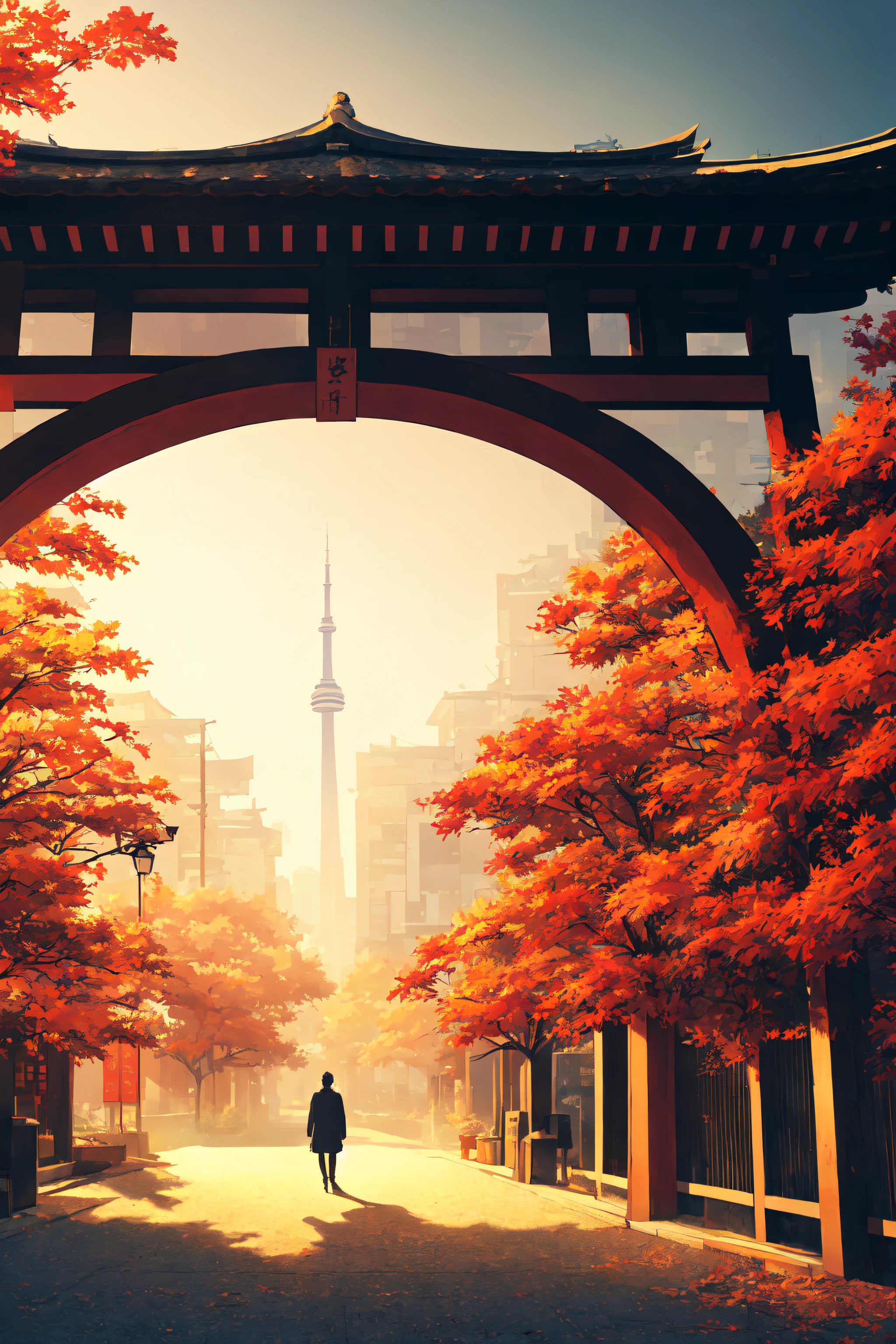 (masterpiece, best illustration, no humans), anime background, vaporwave, kyoto in autumn, semi realistic, dreamscape, award winning masterpiece with incredible details, liminal space, highly detailed, Toronto, cinematic ,rim lighting ,octane render, wvebg1, bganidusk