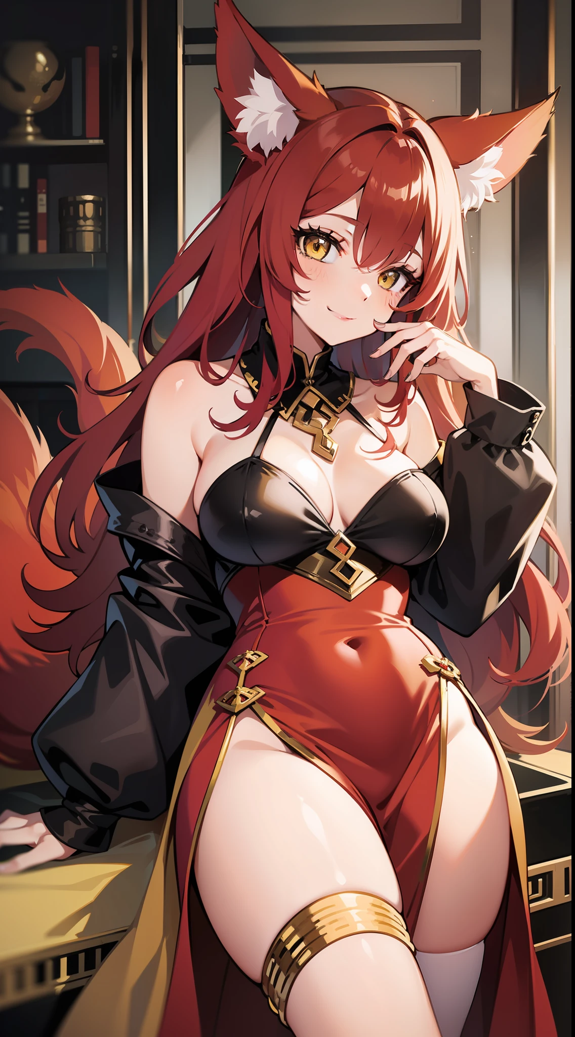 Adult woman, long red hair, Yellow eyes, fox ears and tail, Luxurious open dress, pomade, ssmile, Masterpiece, hiquality