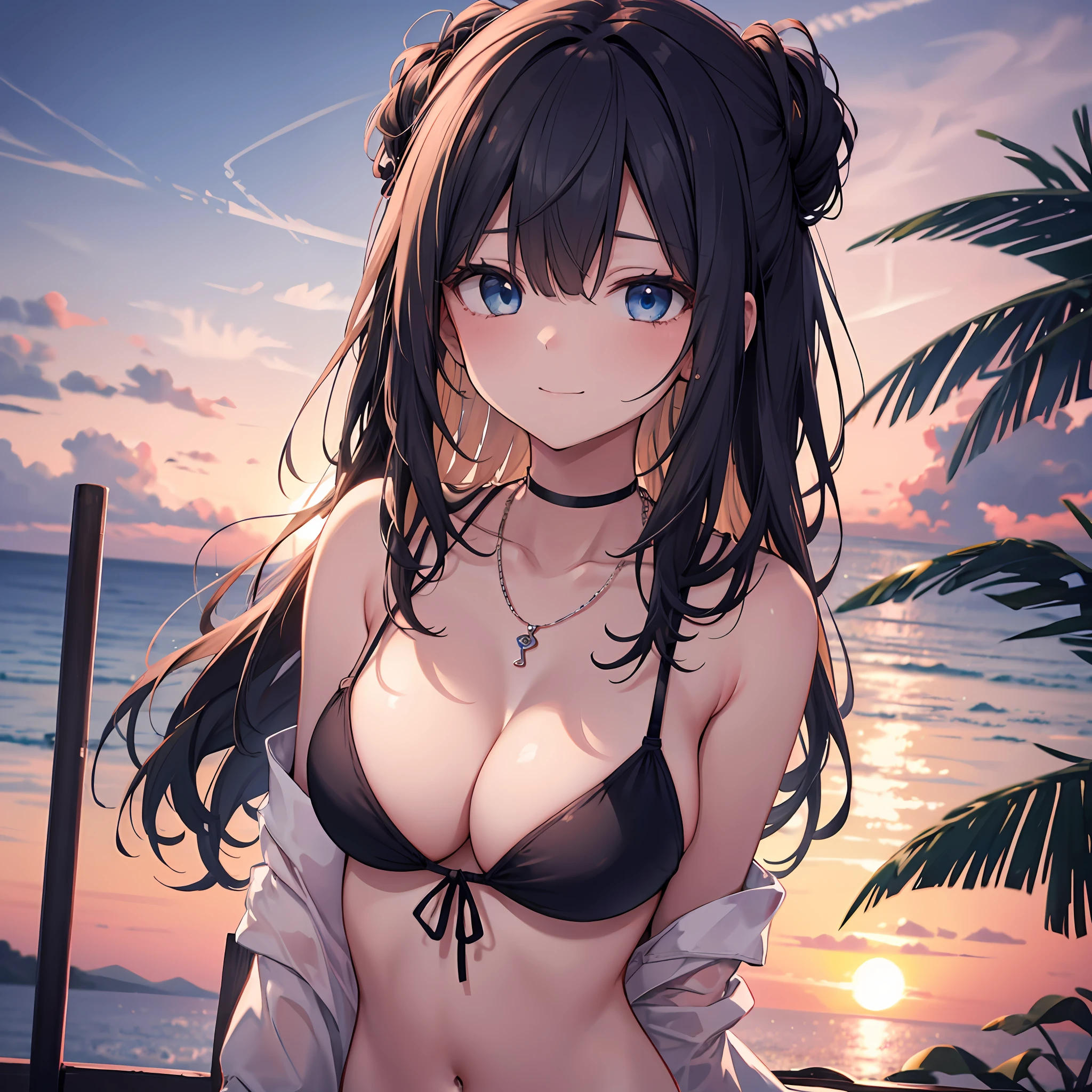 1 adult girl on sunset beach, Summer,  body liquid, beautiful sky, cloud, drinking cocktail, Detailed, 1girl in,  (Massive landscape: 1.2) , bikini of,  Anatomically correct,   (waved hair ),  Bangs,a necklace , Super Detail, Rainbow Blue Eyes,slender, masterful technique, Long hair, animetic, Solo,Portrait, High quality, MastetPiece,ultra-detailliert, (small shaped breasts), Beautiful Girl, [Detail Face], detail hands, ultra detail eyes, Beautiful eyes, early evening, smily face, slanted eye, A bracelet,frombelow, depth of fields, Bokeh, (See-through:0.5), 8k