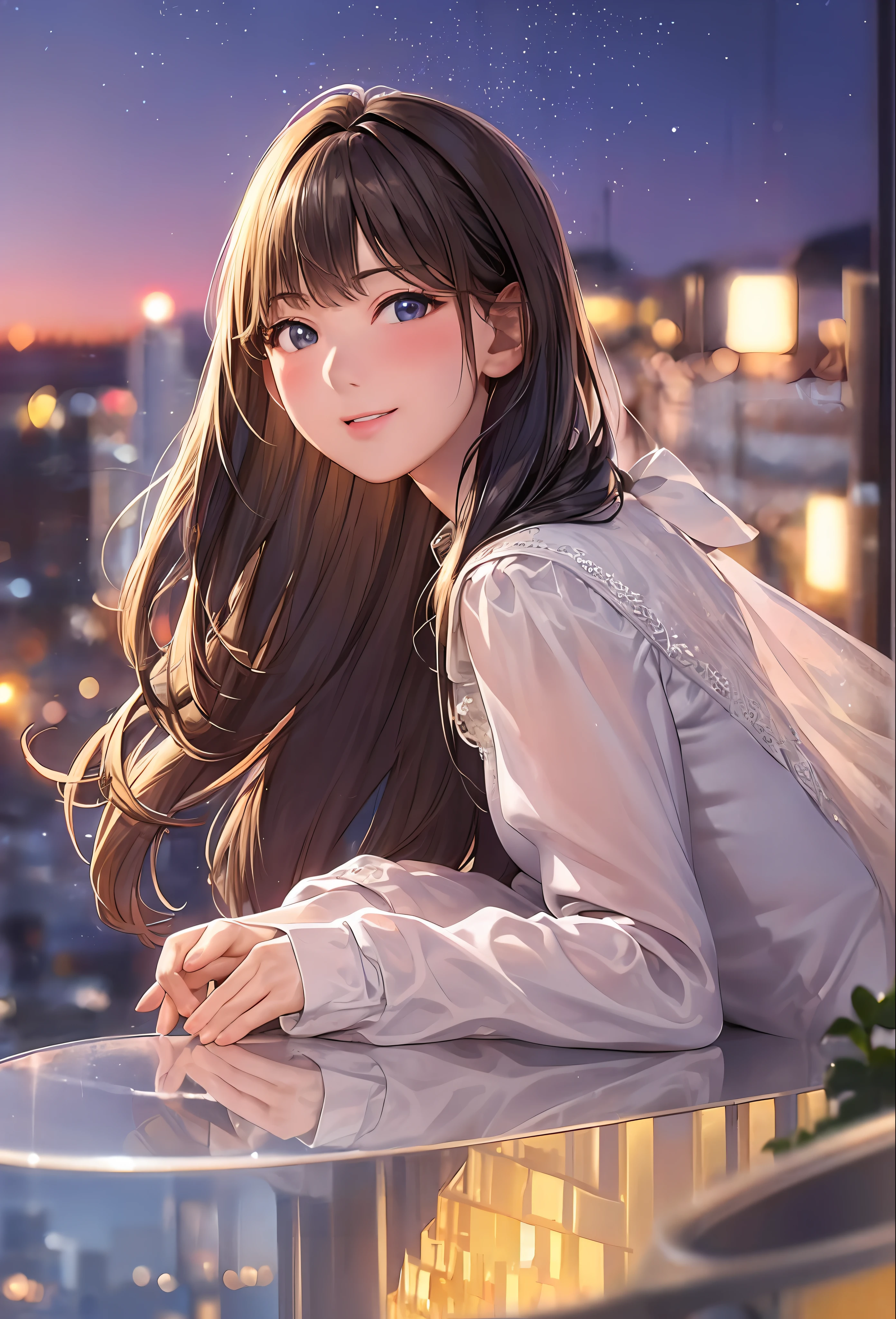 (8k, top quality, masterpiece: 1.2), (realistic, photorealistic: 1.37), super detailed, girl single, cute, solo, midnight, beautiful detailed sky, detailed café, sitting, date, (blush), (smile: 1.15), small breasts (mouth closed), beautiful fine eyes, floating hair NovaFrogStyle, back open dress