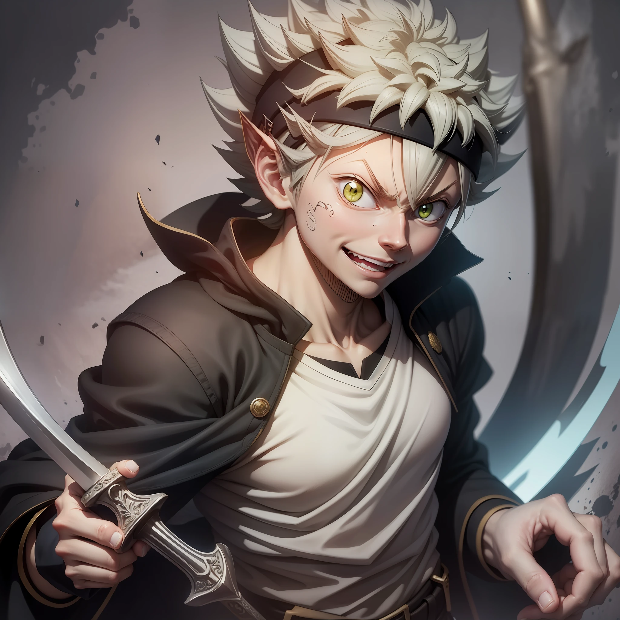 Asta, BlackCover Anime, white hair, smile, one eye is green and the other is red, he has a long sword in his hand, a drawing of a man with red eyes, screenshot from black clover, otaku gangasta, killua zoldyck, killua zoldyck portrait, demon slayer, ufotable studio art style, killua zoldyck black hair, kimetsu no yaiba, kentaro miura!, anime epic artwork, ufotable art style