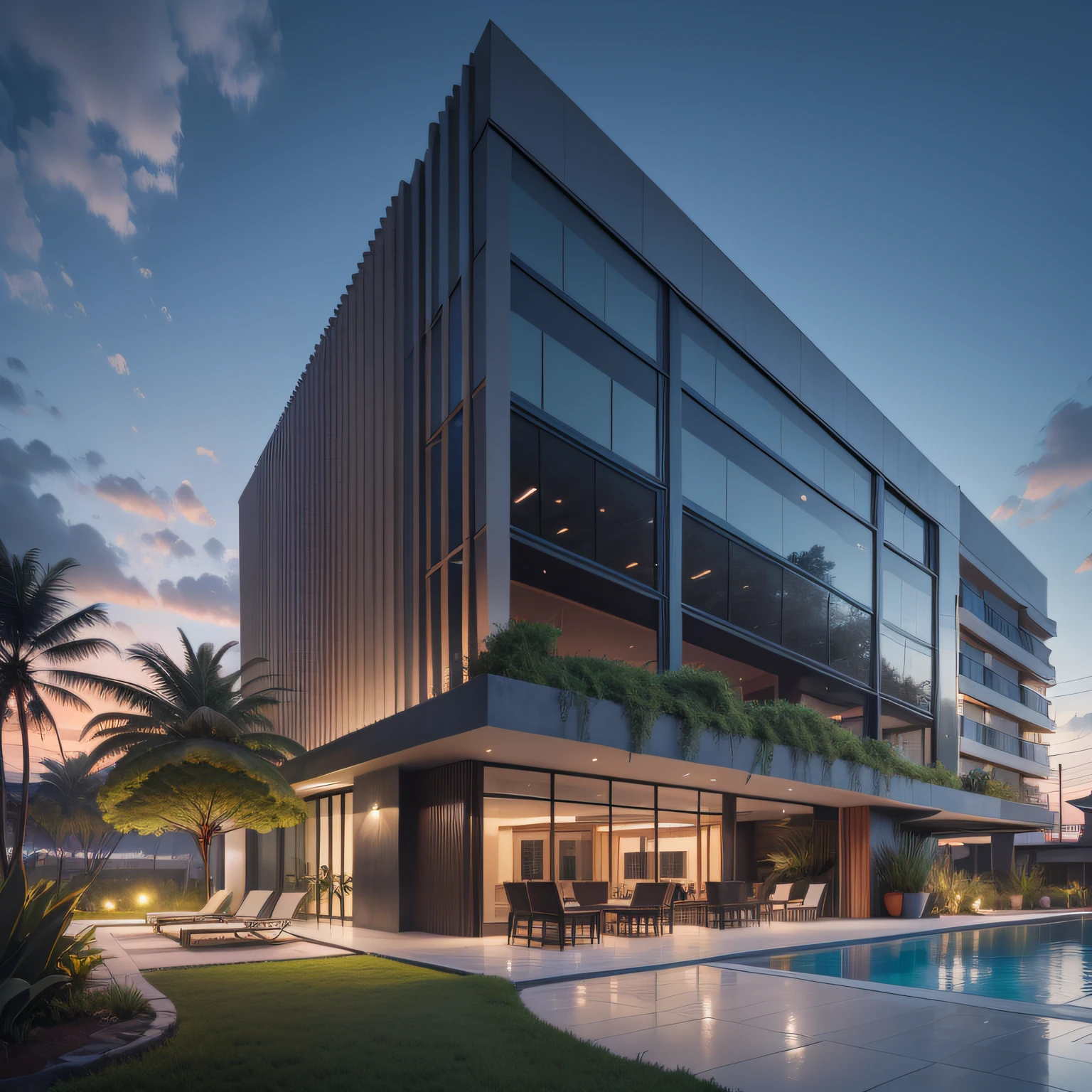 Grande hotel, Arquitetura futurista, building in the background, Architecture of a dark gray concrete building, madeira e vidro, Building with large lawn on the beach, Arquitetura moderna, grande piscina em frente ao hotel, restaurante interior com grandes fachadas em vidro, grandes candeeiros no interior, lots of vegetation around, hotel com 120 quartos, Arquitetura moderna, organic architecture, Geometria luxuosa, hiper-realista, Fantastic 8K architecture, UHD — AR 16: