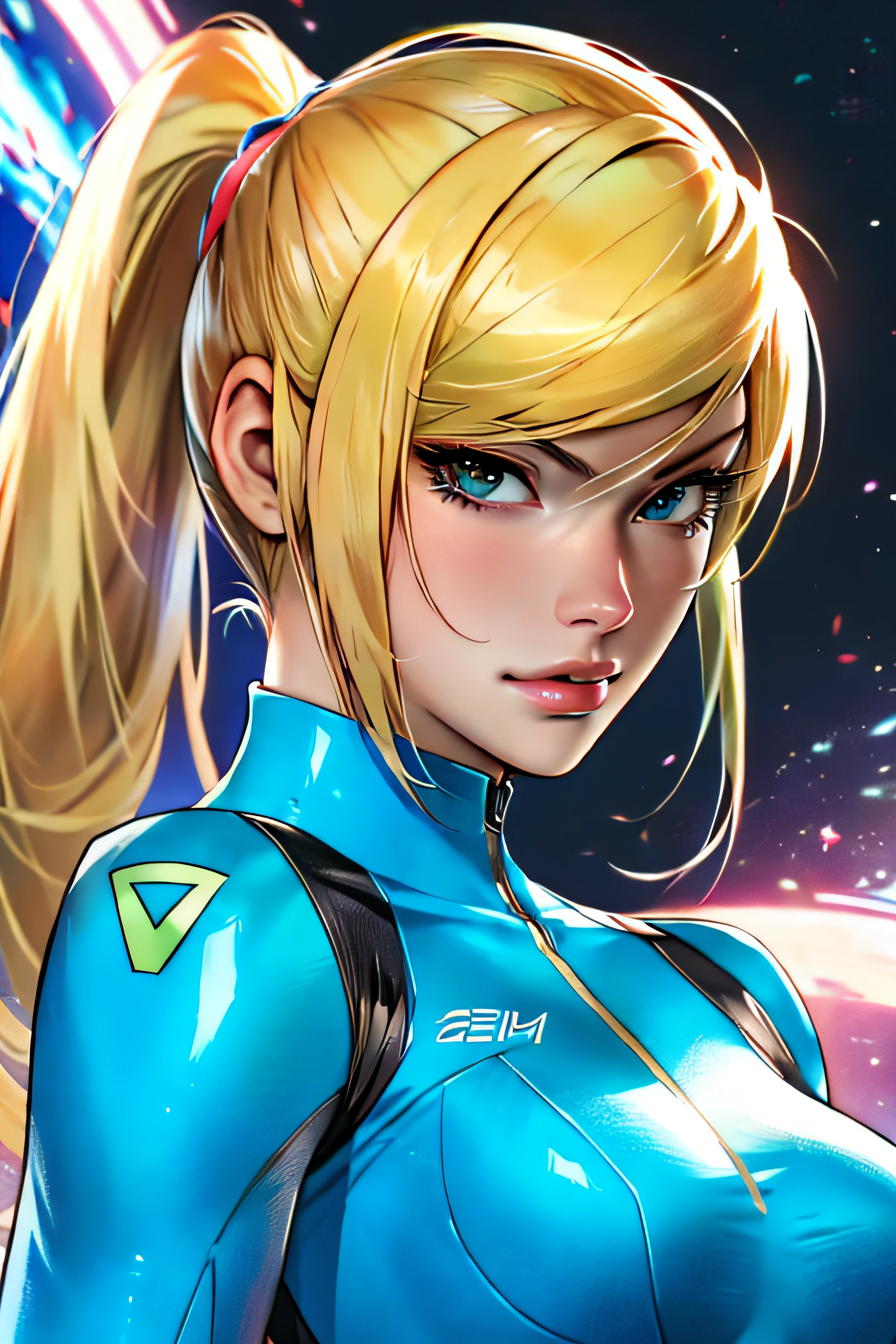 nijistyle, portrait of zero suit samus aran,