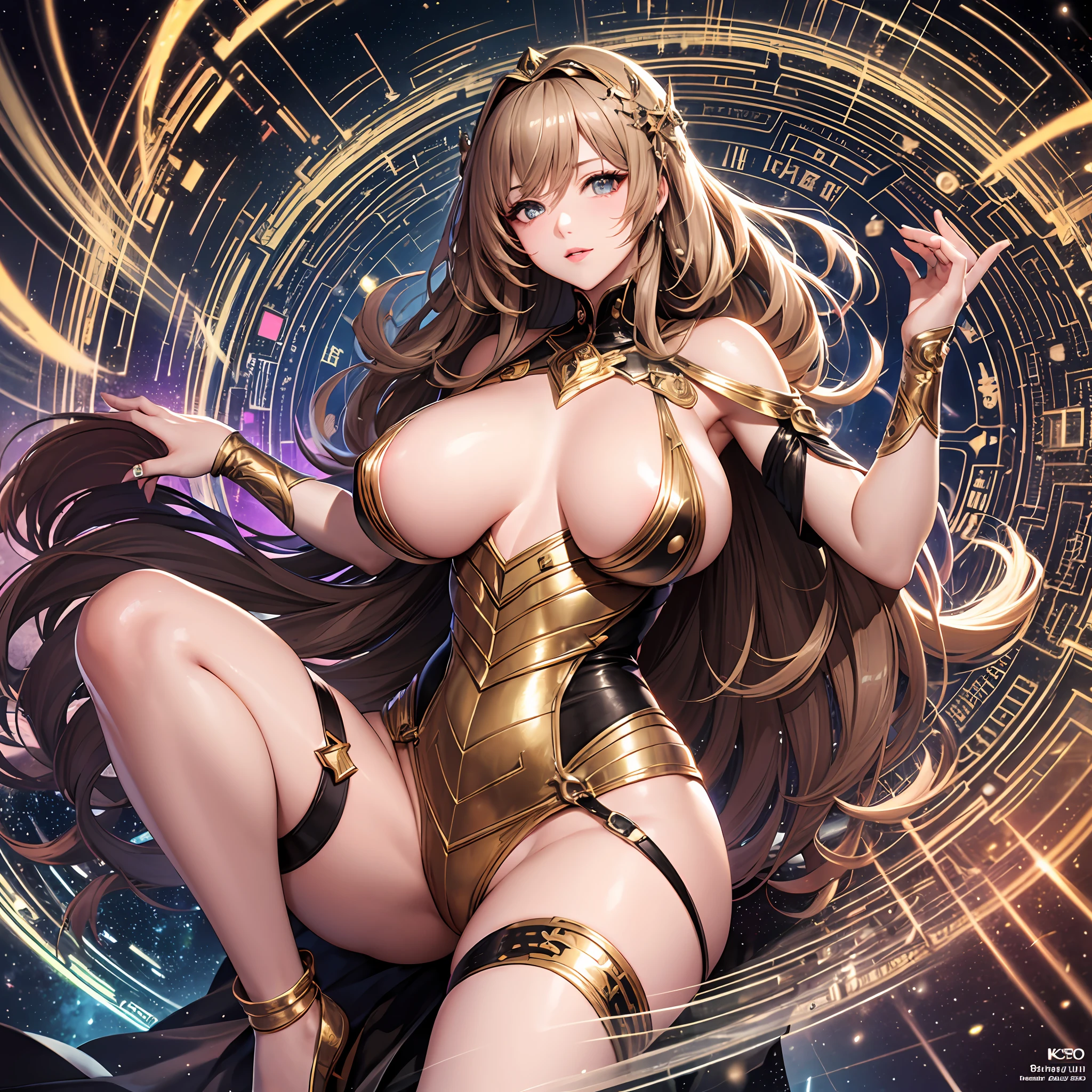 An ultra-high picture quality, Super Detail, High resolution, super beautiful woman, Amorous expression, Shiny flowing layered wavy light brown hair, Sparkling gold eyes, Seductive moist pink lips, raising one arm, Spread legs wide, nipple seal, Huge breasts, under the boobs, great proportion, perfectly proportions, slender, Full body, Anime, Manga, Illustration, Fantasy, Northern Renaissance style in the background, Galaxy, Magic Circle, Kaleidoscope, Rainbow Neon Light Many Rows, cyberpunked