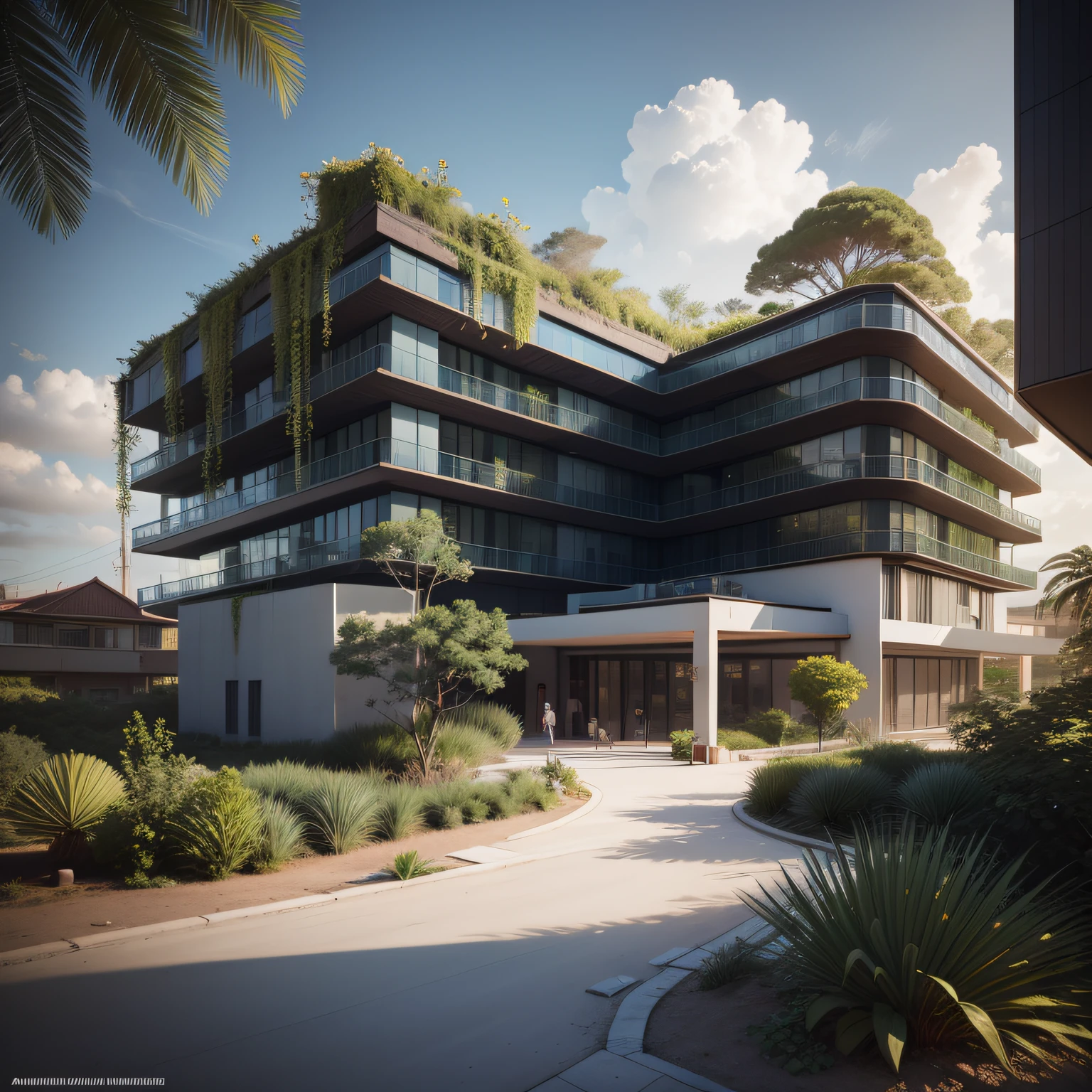 Grande hotel, Arquitetura futurista, building in the background, Architecture of a dark gray concrete building, madeira e vidro, Building with large lawn on the beach, Arquitetura moderna, grande piscina em frente ao hotel, restaurante interior com grandes fachadas em vidro, grandes candeeiros no interior, lots of vegetation around, hotel com 120 quartos, Arquitetura moderna, organic architecture, Geometria luxuosa, hiper-realista, Fantastic 8K architecture, UHD — AR 16: