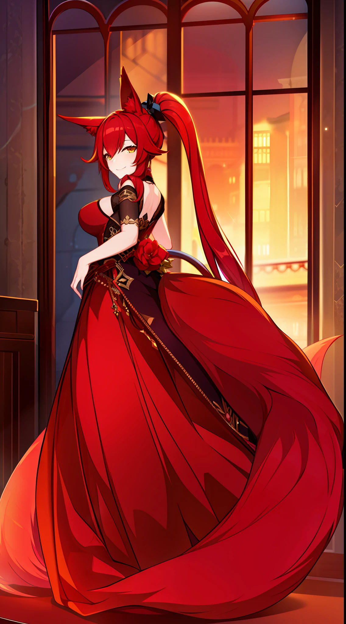 Adult woman, Long red hair, high ponytail, Yellow eyes, fox ears and tail, Luxurious open dress, pomade, ssmile, Masterpiece, hiquality