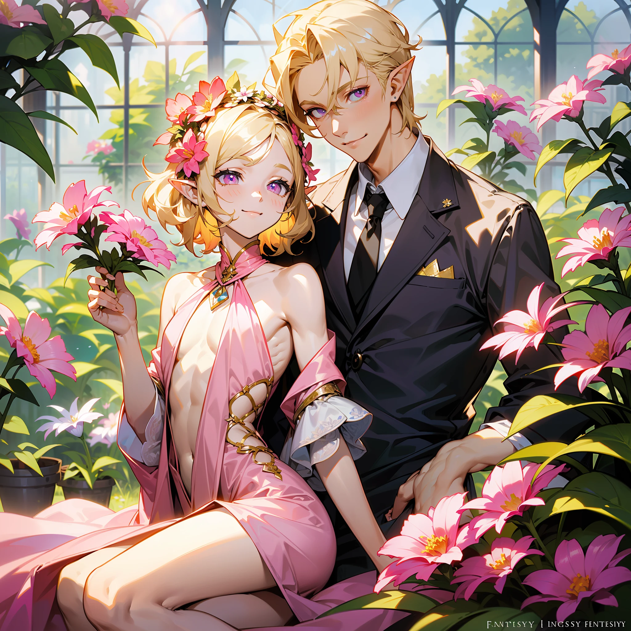 young man, twink, (((male))), (((man))), guy, (((very light blonde hair))), (((pink colored eyes))), (medium short hair), (chin-length hair), wavy hair, slim body, ((flat chest)), (((fantasy style))), (((wearing flowers in his hair))), flowercrown, ((pointy ears)), (((light pink colored eyes))), smooth skin, bare legs, revealing clothes, flowers in the background, flowers in bottles, flowers in vases, flowers in pots, inside a greenhouse with big and detailed windows, sunny weather, smiling. ((fantasy style clothes)), (being embraced by a taller man).