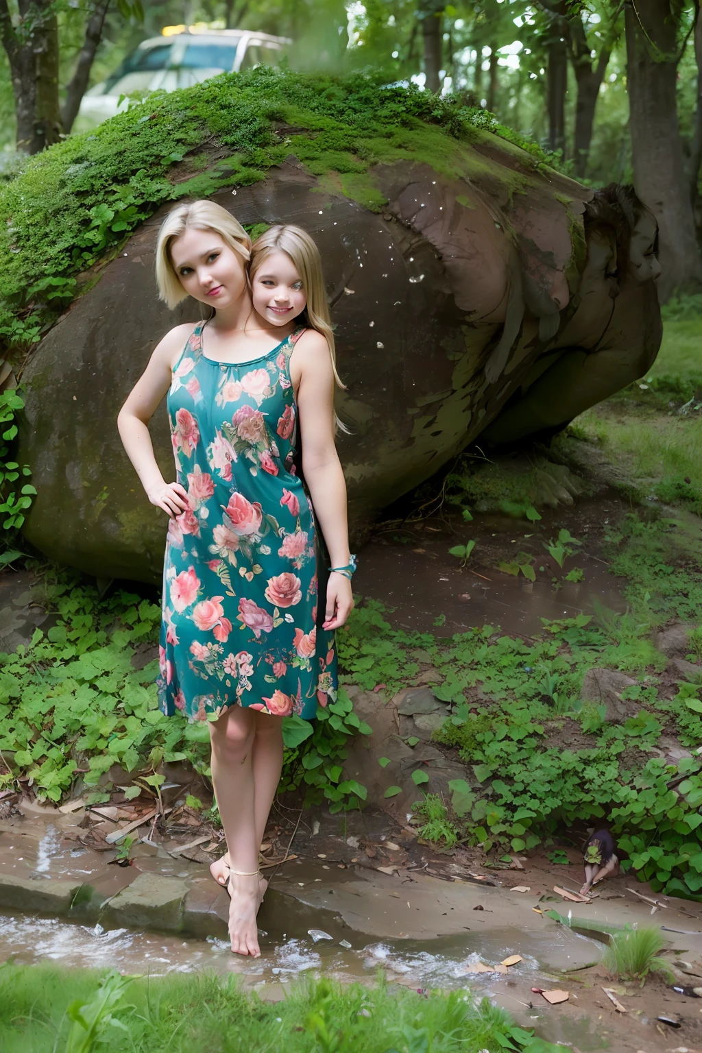2heads, two headed girl, mom and daughter, (different ages:1.5), (one torso:1.5), (female:1.5), (caucasian:1.5), (two heads attached to one body:1.4), conjoined twins, heads side by side, one torso, young, uncomfortable, barefoot