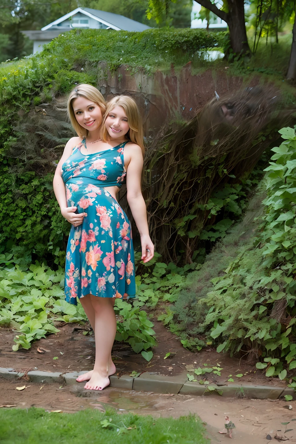 2heads, two headed girl, mom and daughter, (different ages:1.5), (one torso:1.5), (female:1.5), (caucasian:1.5), (two heads attached to one body:1.4), conjoined twins, heads side by side, one torso, young, uncomfortable, barefoot
