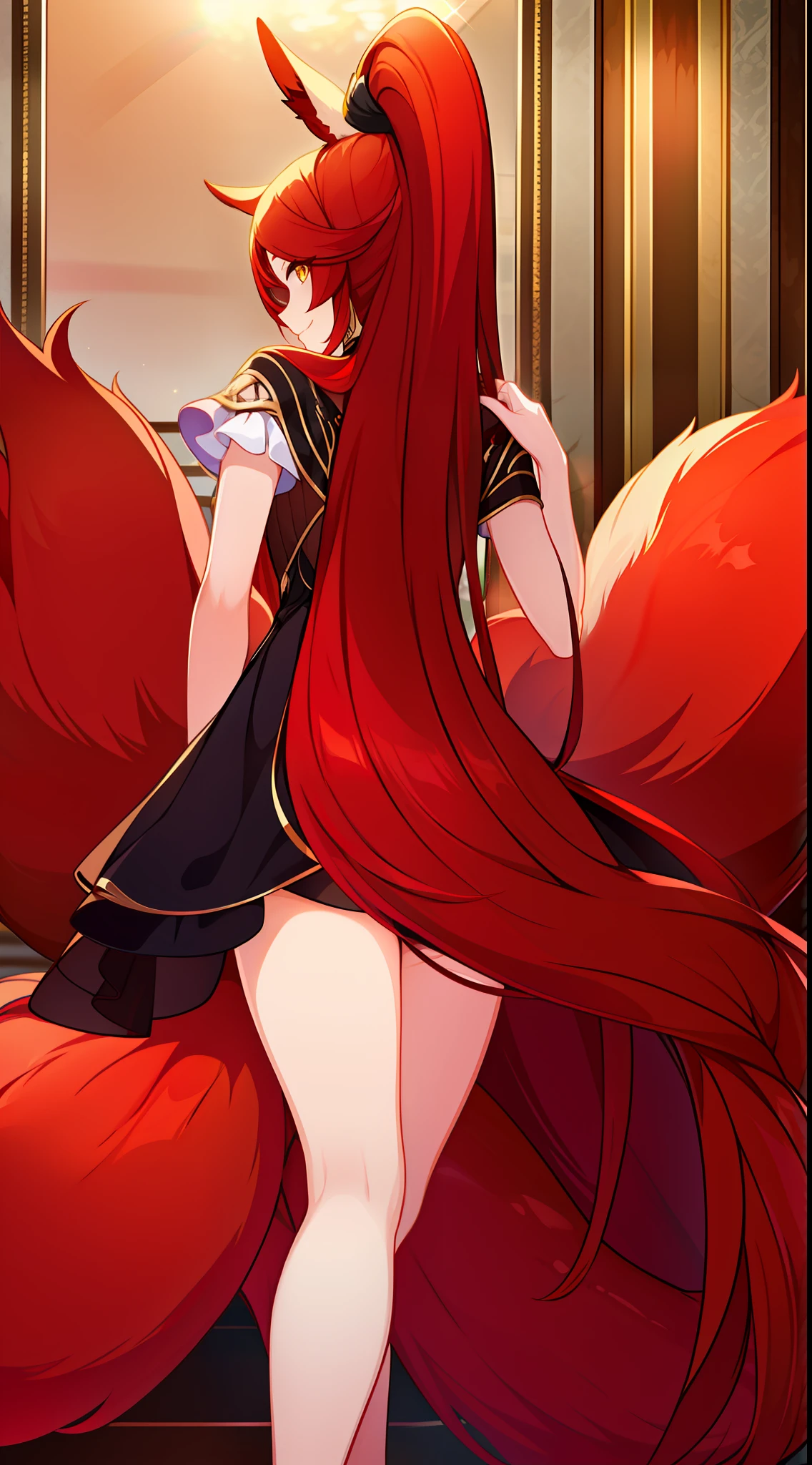 Adult woman, Long red hair, high ponytail, Yellow eyes, fox ears and tail, Luxurious open dress, pomade, ssmile, Masterpiece, hiquality