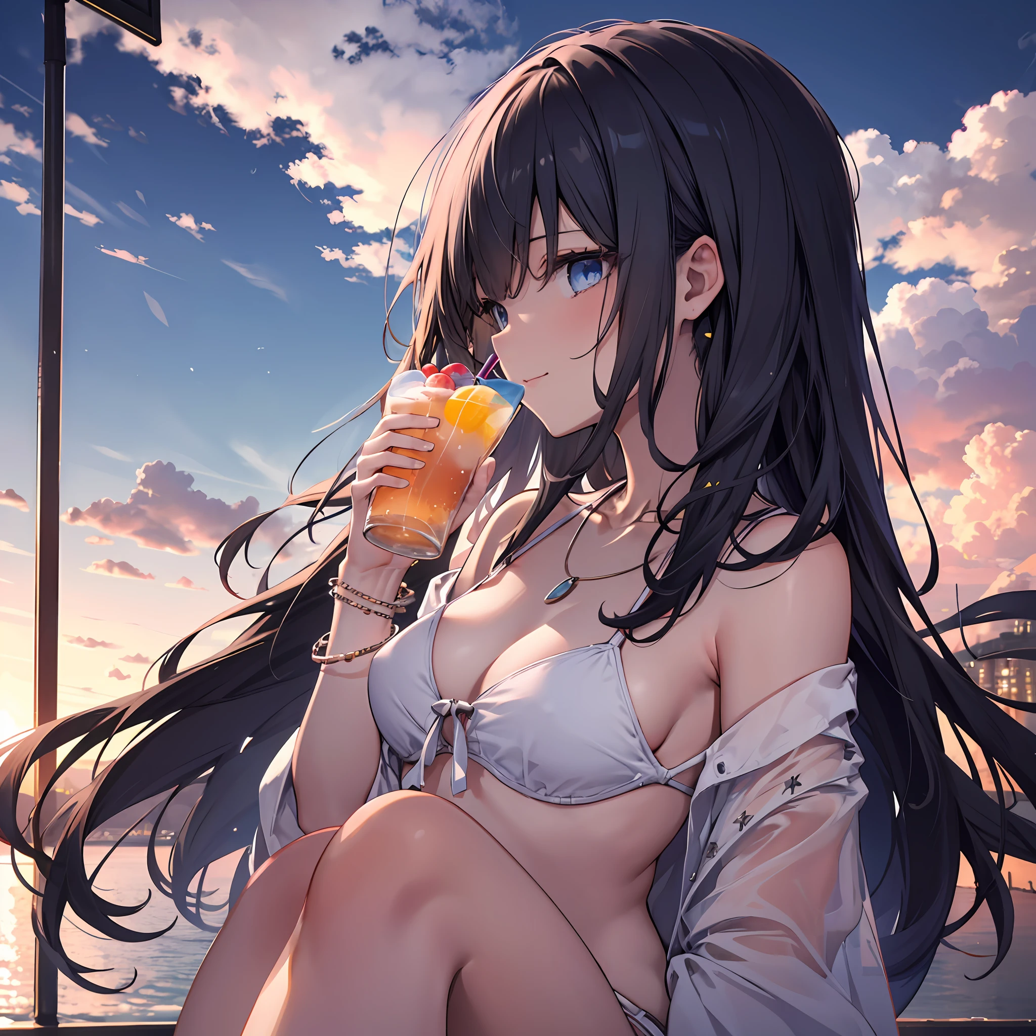 1 cool girl on sunset beach, Summer,  body liquid, beautiful sky, cloud, drinking cocktail, Detailed, 1girl in,  (Massive landscape: 1.2) , bikini of,  Anatomically correct,   (waved hair ),  Bangs,a necklace , Super Detail, Rainbow Blue Eyes,slender, masterful technique, Long hair, animetic, Solo,Portrait, High quality, MastetPiece,ultra-detailliert, (small shaped breasts), Beautiful Girl, [Detail Face], detail hands, ultra detail eyes, Beautiful eyes, early evening, smily face, slanted eye, A bracelet,frombelow, depth of fields, Bokeh, (See-through:0.5), 8k, profile