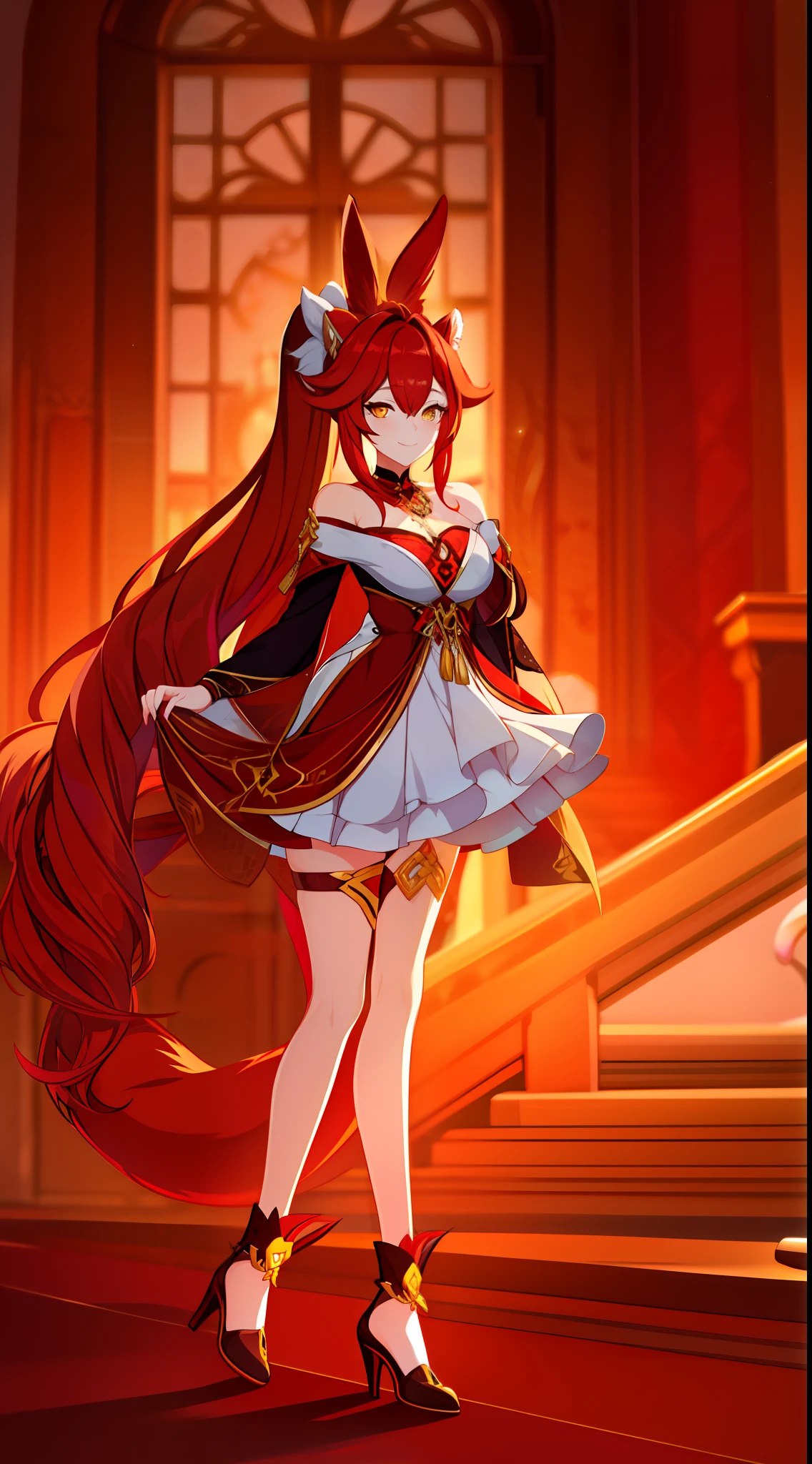 Adult woman, Long red hair, high ponytail, Yellow eyes, fox ears and tail, Luxurious open dress, pomade, ssmile, Masterpiece, hiquality
