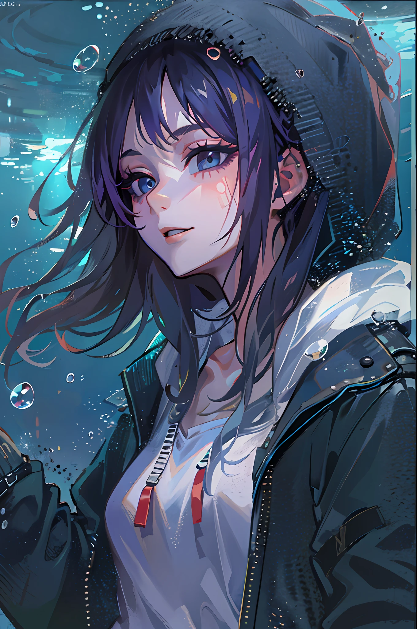 ((top-quality)), ((masterpiece)), ((ultra-detailliert)), (extremely delicate and beautiful), girl with, 独奏, cold attitude,((Black jacket)),Oversized hoodies、She is very(relax)with the(Settled down)Looks,A dark-haired, depth of fields,evil smile,Bubble, under the water, Air bubble,bright light blue eyes,Inner color with black hair and light blue tips,Cold background,Bob Hair,a miniskirt,tight skirts,Bob Hair - Linear Art、knee high socks、Camisole inner shirt、Hands in pockets
