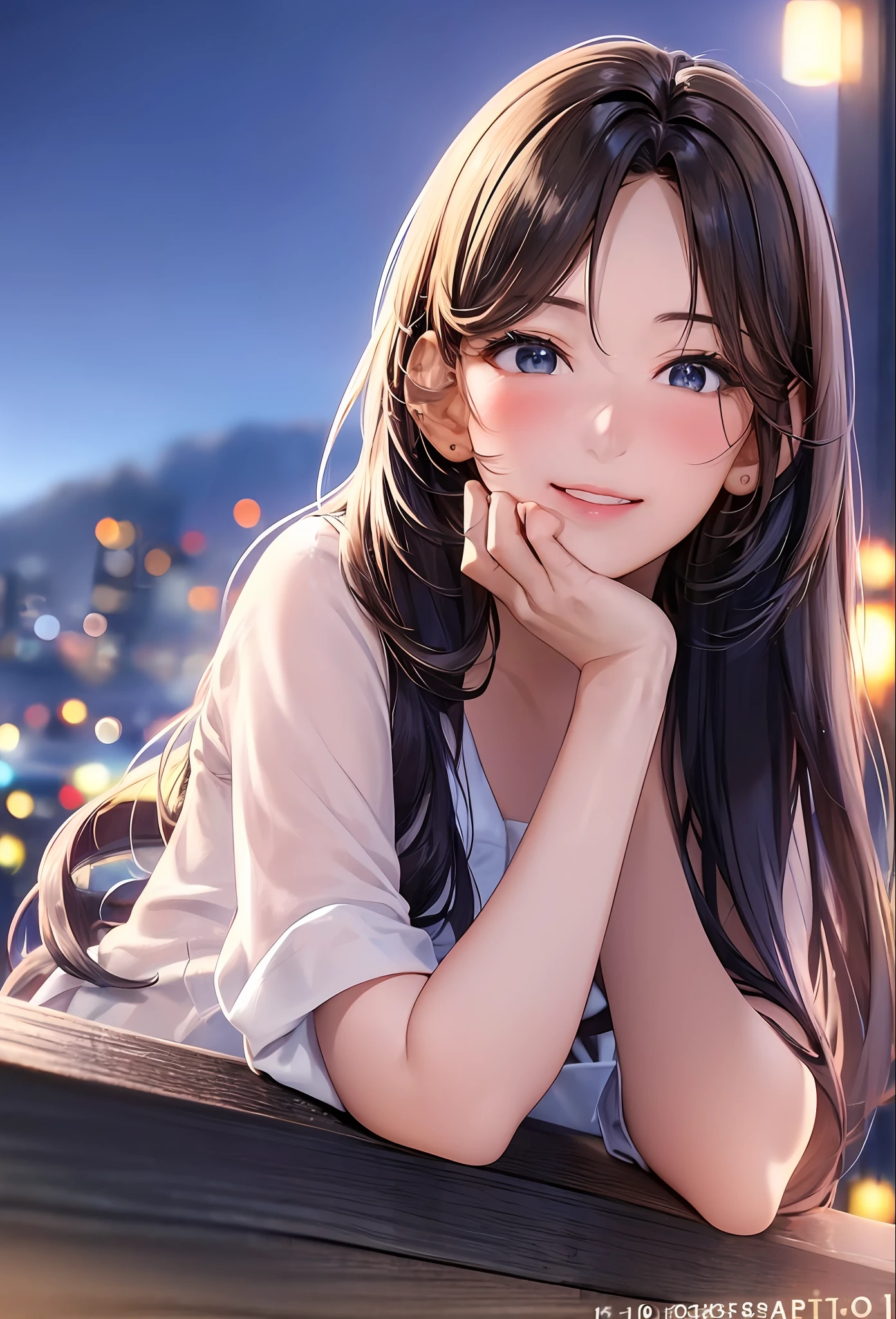 (8k, top quality, masterpiece: 1.2), (realistic, photorealistic: 1.37), super detailed, girl single, cute, solo, midnight, beautiful detailed sky, detailed café, sitting, date, (blush), (smile: 1.15), small breasts (mouth closed), beautiful fine eyes, floating hair NovaFrogStyle, back open dress