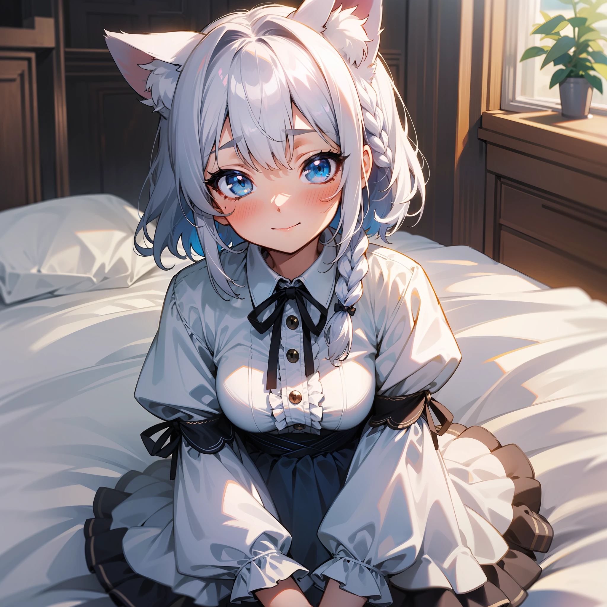 Anime girl with blue eyes sitting on a bed with a cat ears - SeaArt AI