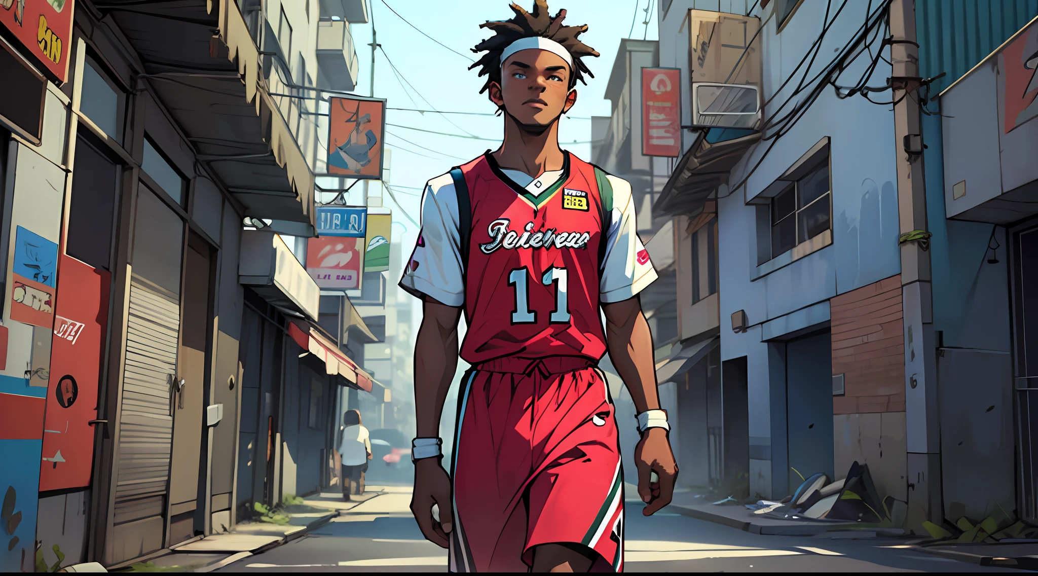 a african man wearing basketball jersey, walking in front of abandoned building, neon style, cartoon style,gta 5 style --auto --s2