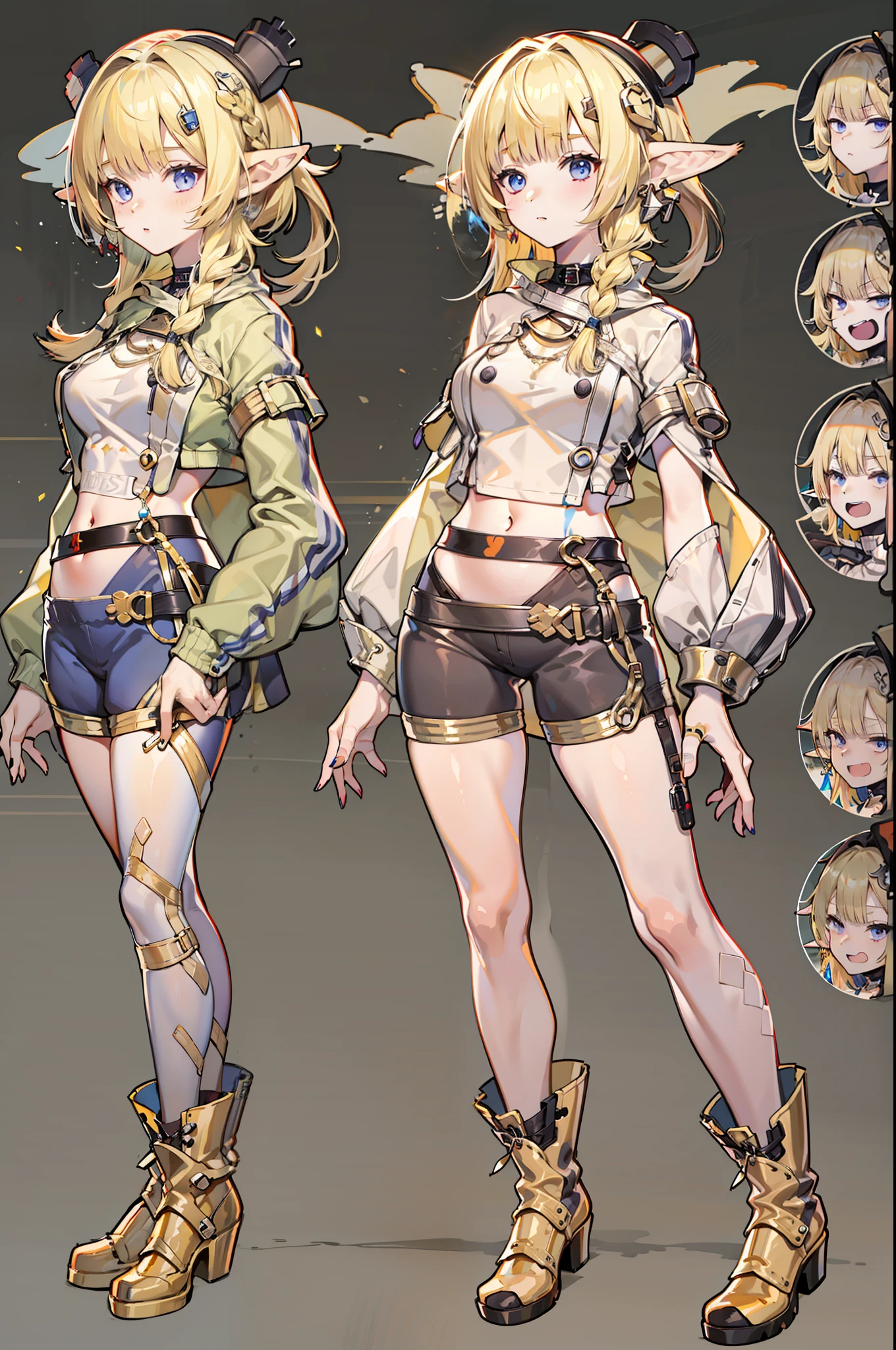 Character setting,Three View,Kizi,morden style,Functional wind,vtuber,Complete the whole body,Standing painting,overclocking,elvish ears,Light blonde hair color,(shorter pants),grown woman,Bigchest,